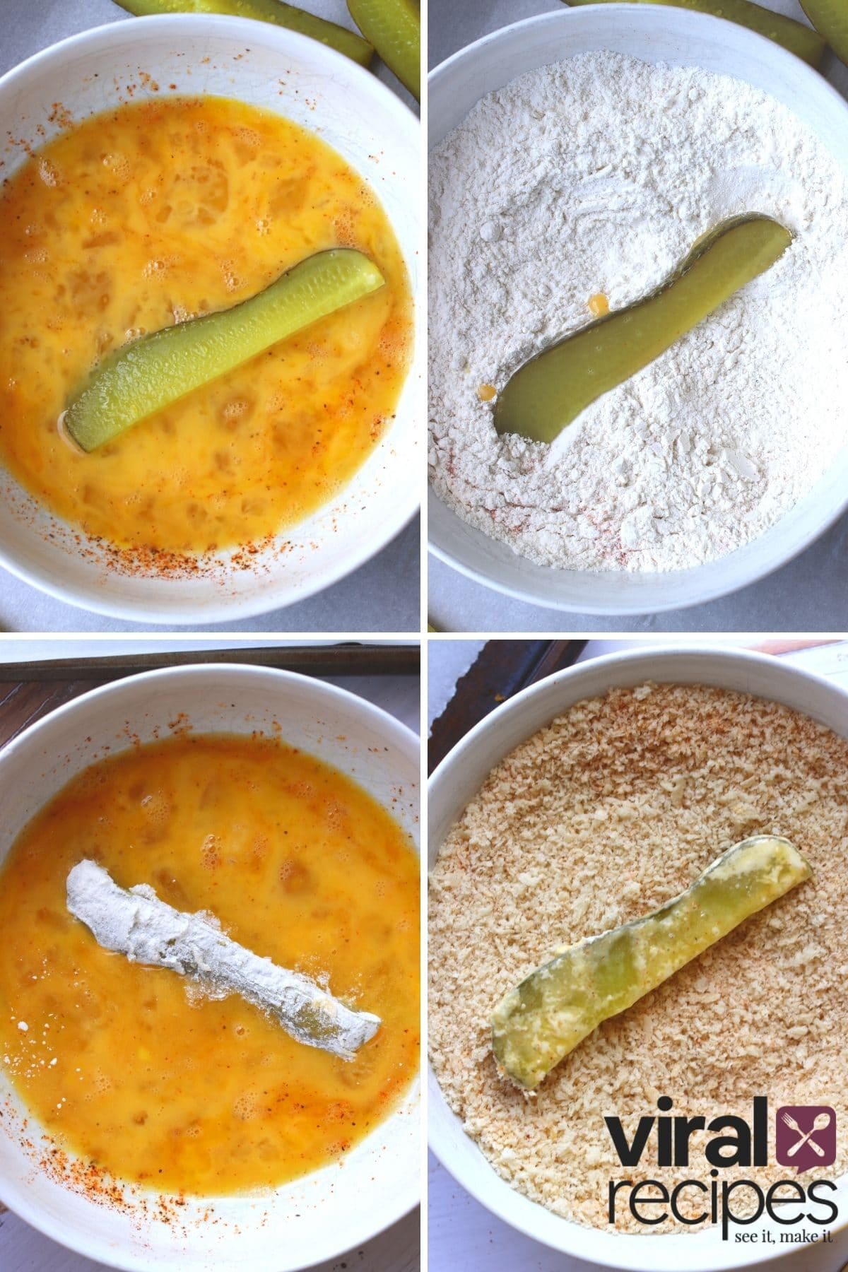 Step-by-step process of coating pickles with breadcrumbs