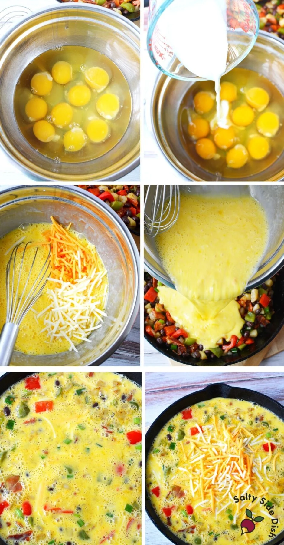 collage on how to make eggs for cowboy casserole in a cast iron pan