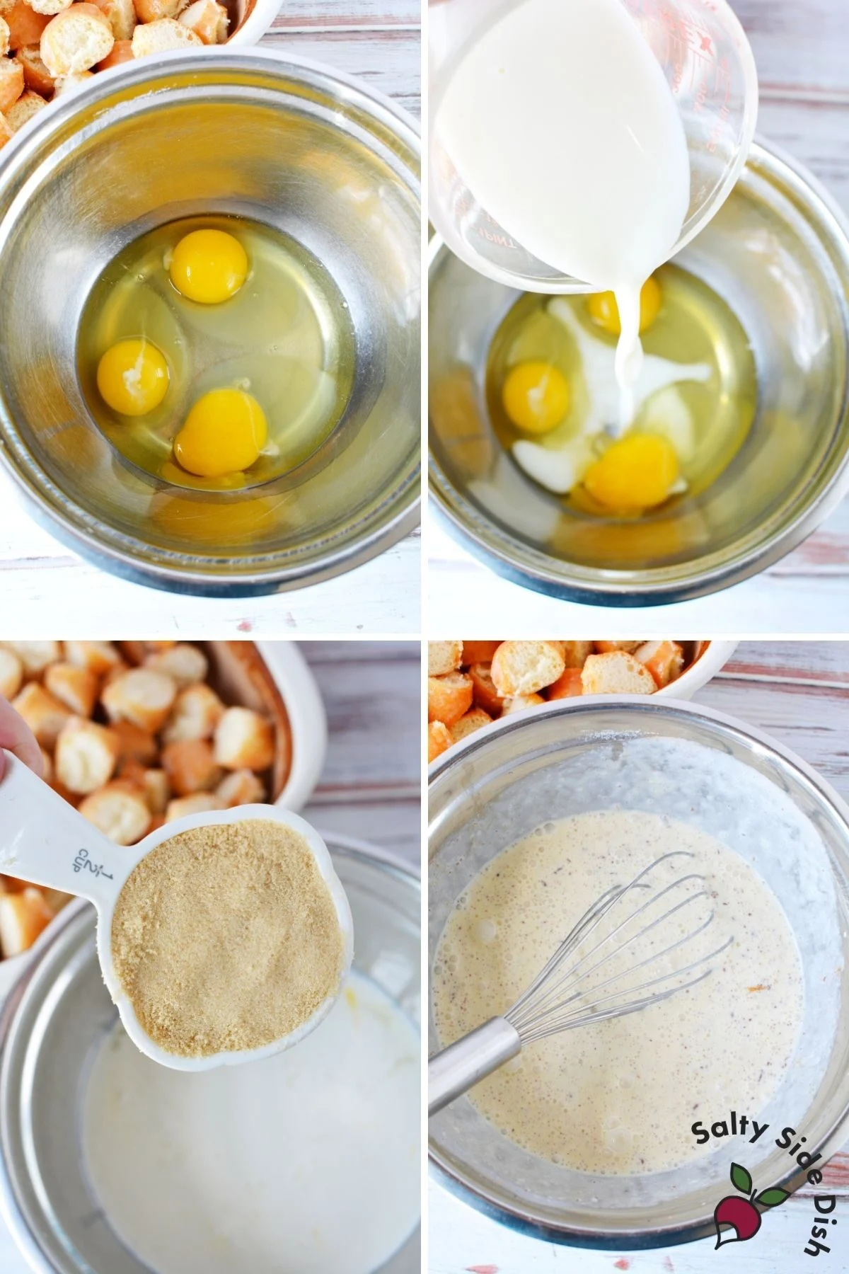pouring milk, eggs and sugar into a bowl