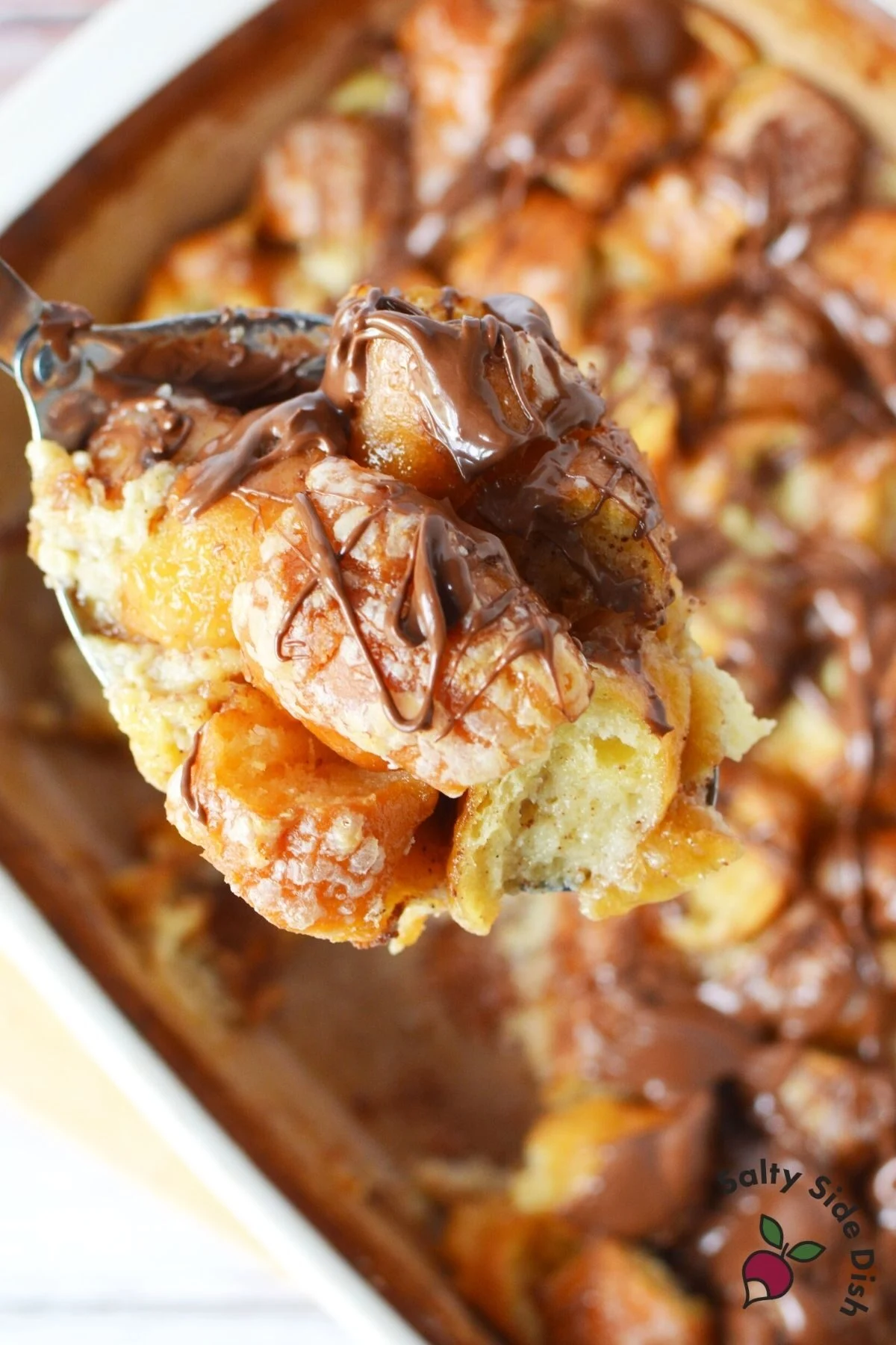 nutella bread pudding on a spoon