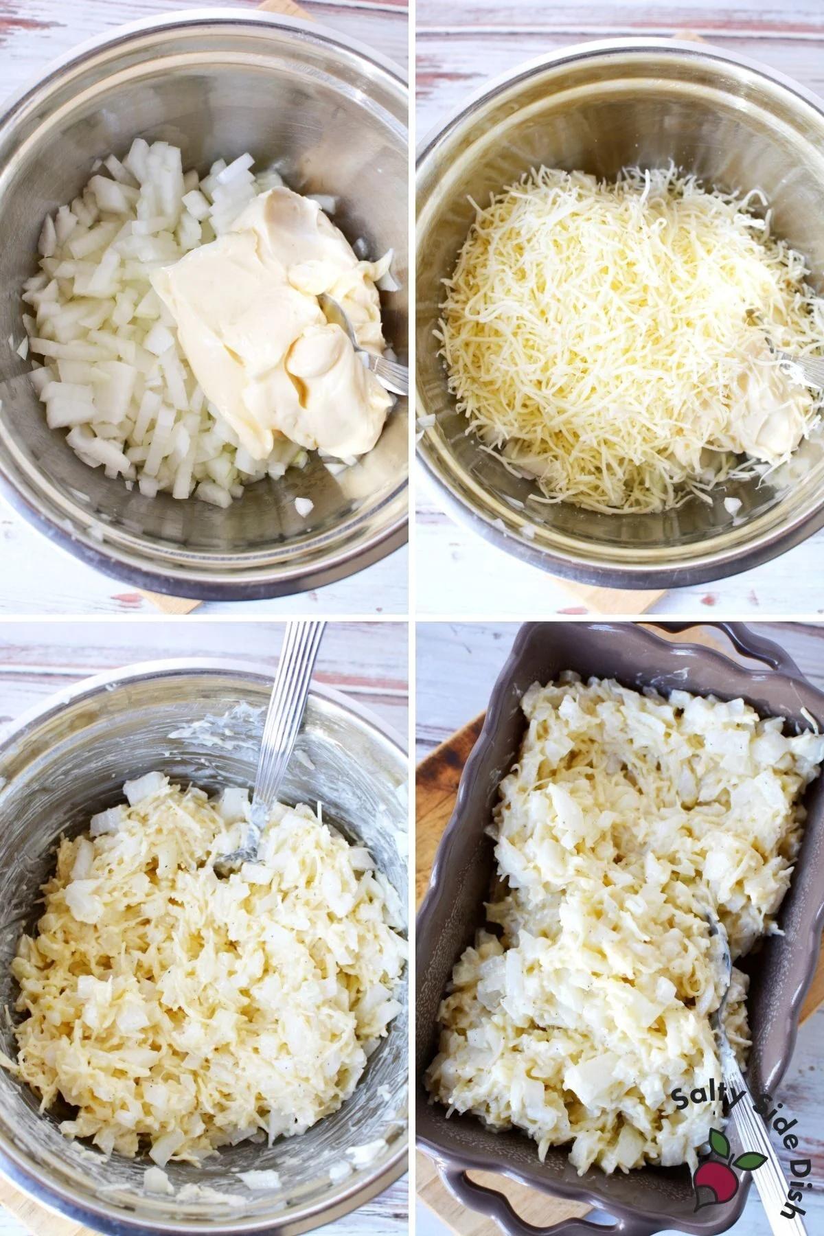 onion dip being combined and spread into casserole dish