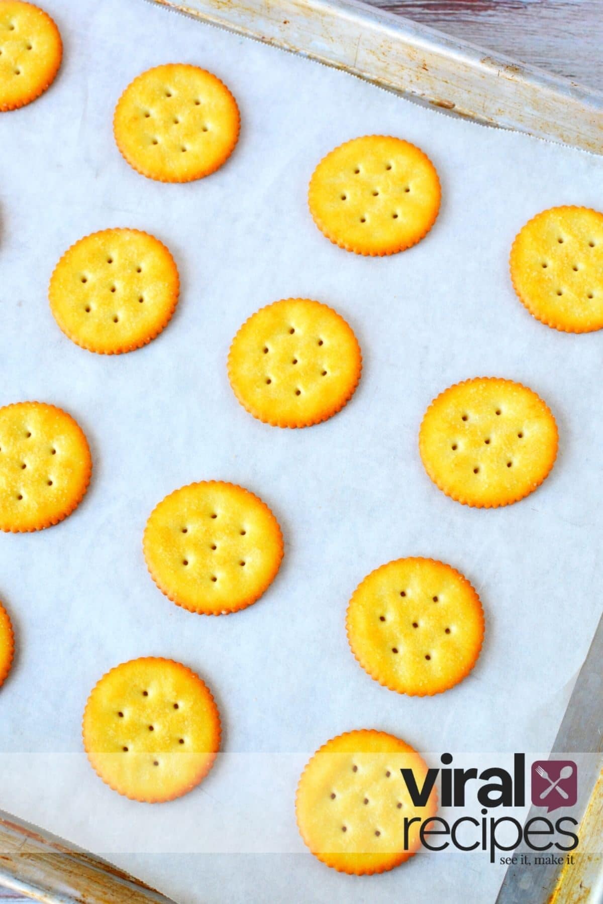 ritz crackers on a baking sheet