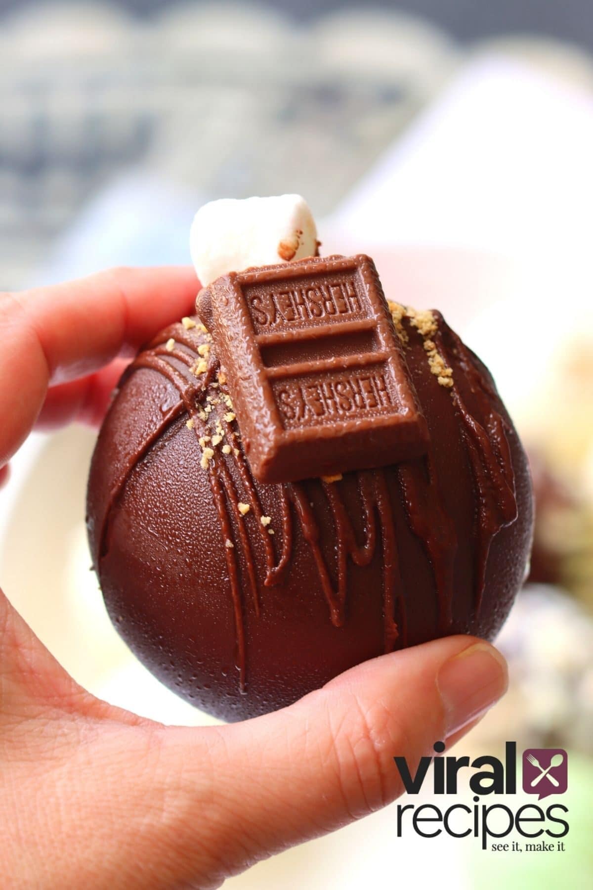 smores hot chocolate bomb with Hershey bar