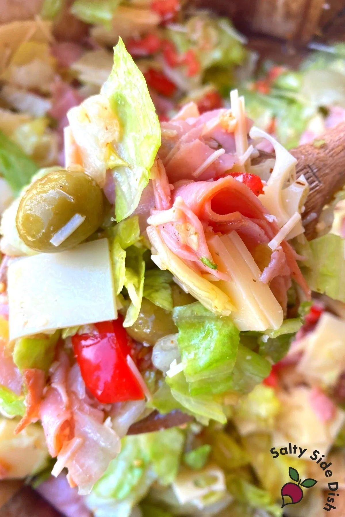 close up of columbia salad on a wooden spoon.