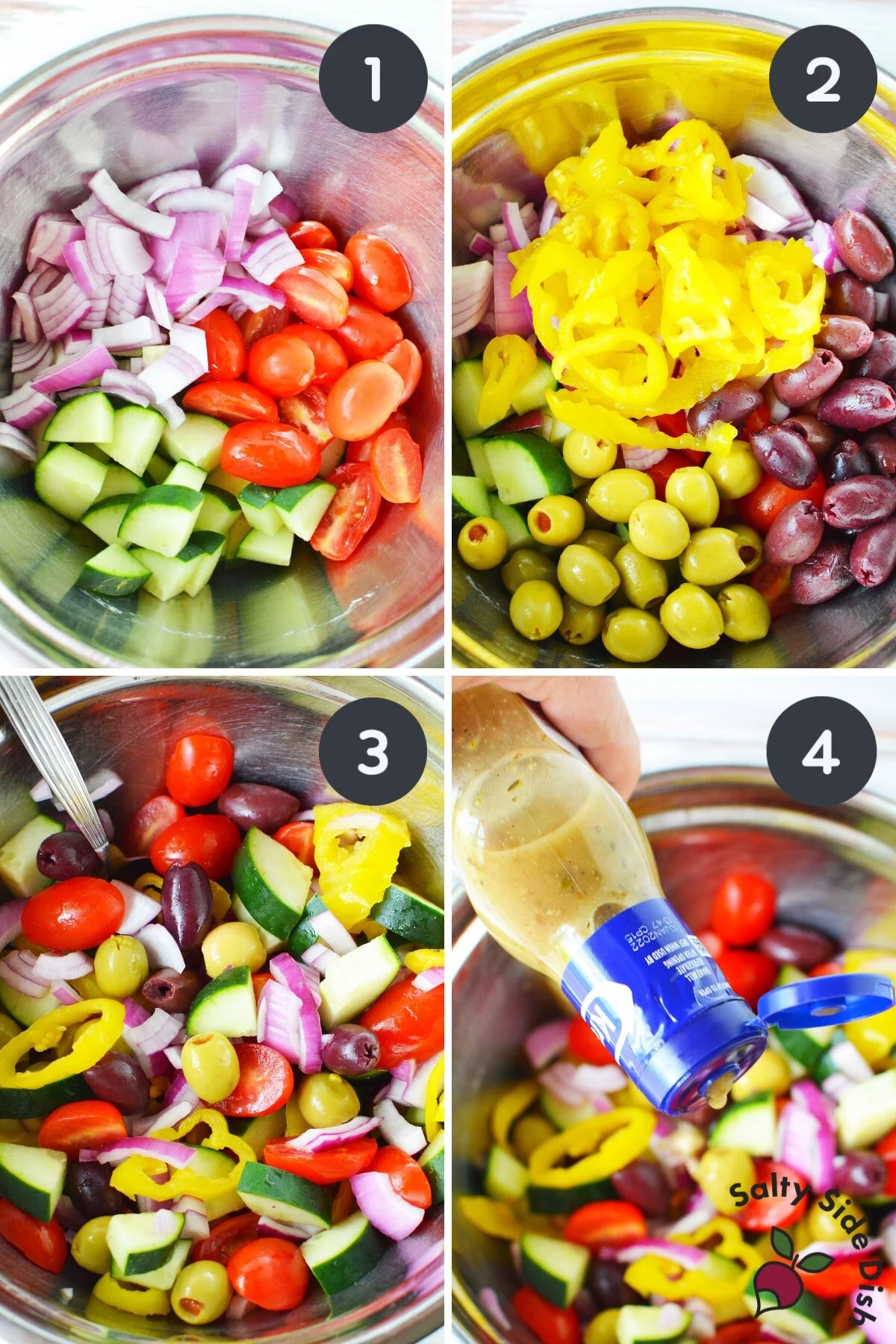 4 images of creating Greek salad in a bowl.