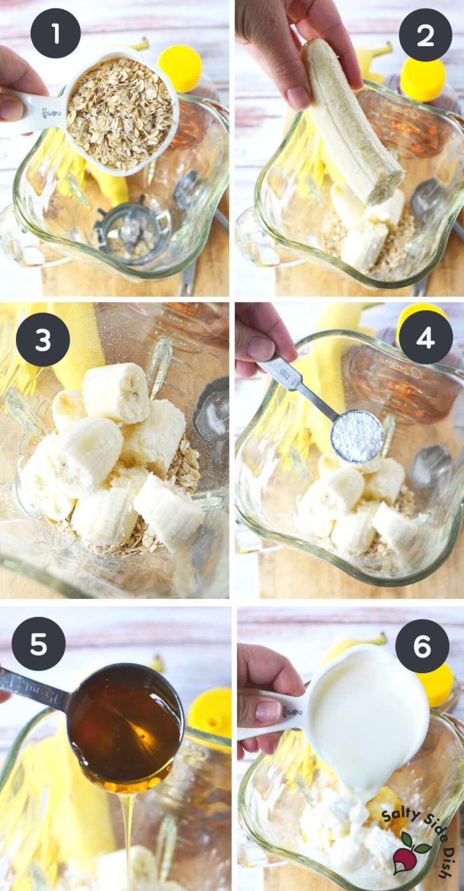 6 image collage of how to make baked oats in the microwave and adding all ingredients step by step.