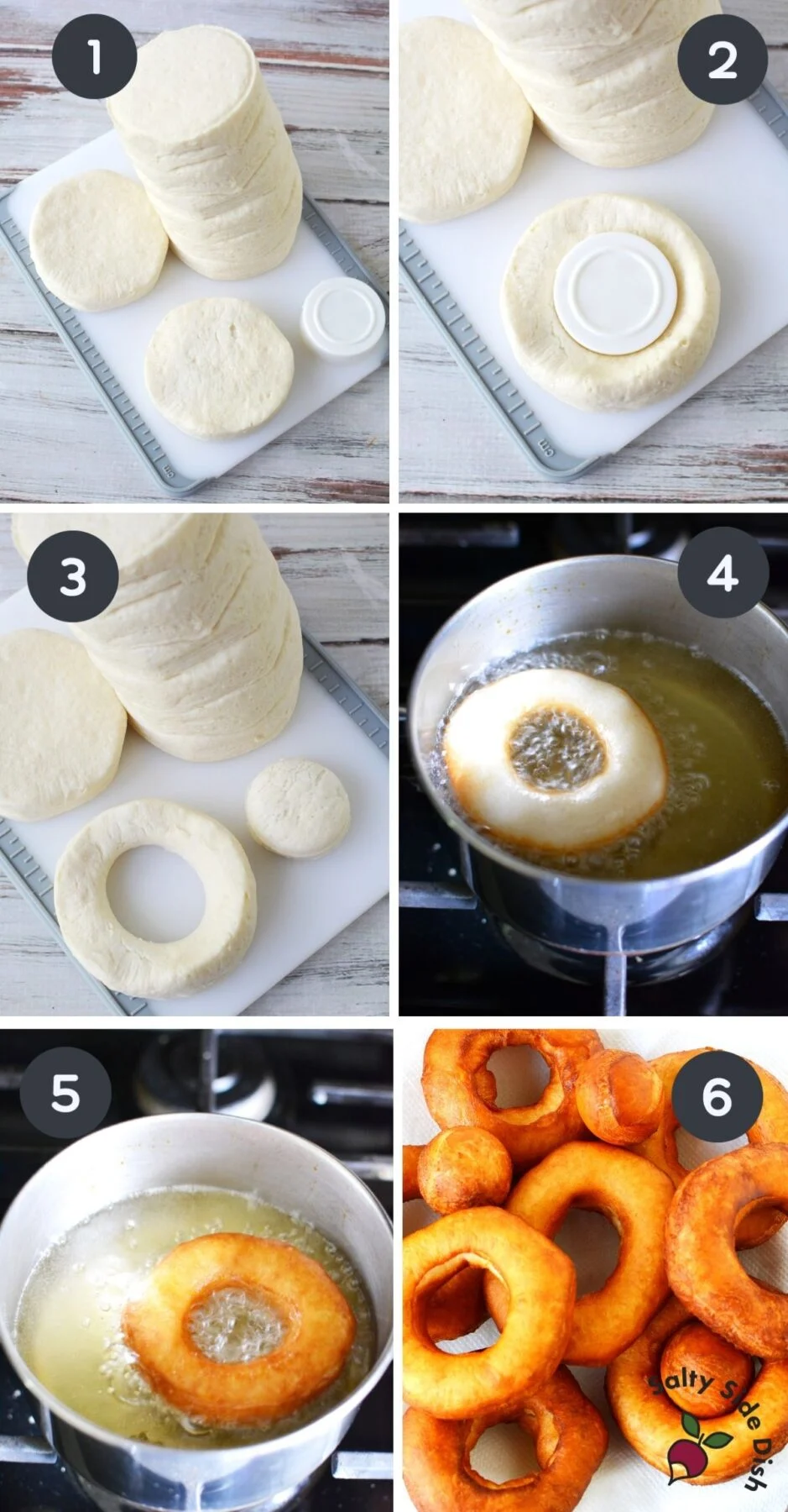 6 image collage of how to make and fry biscuit donuts