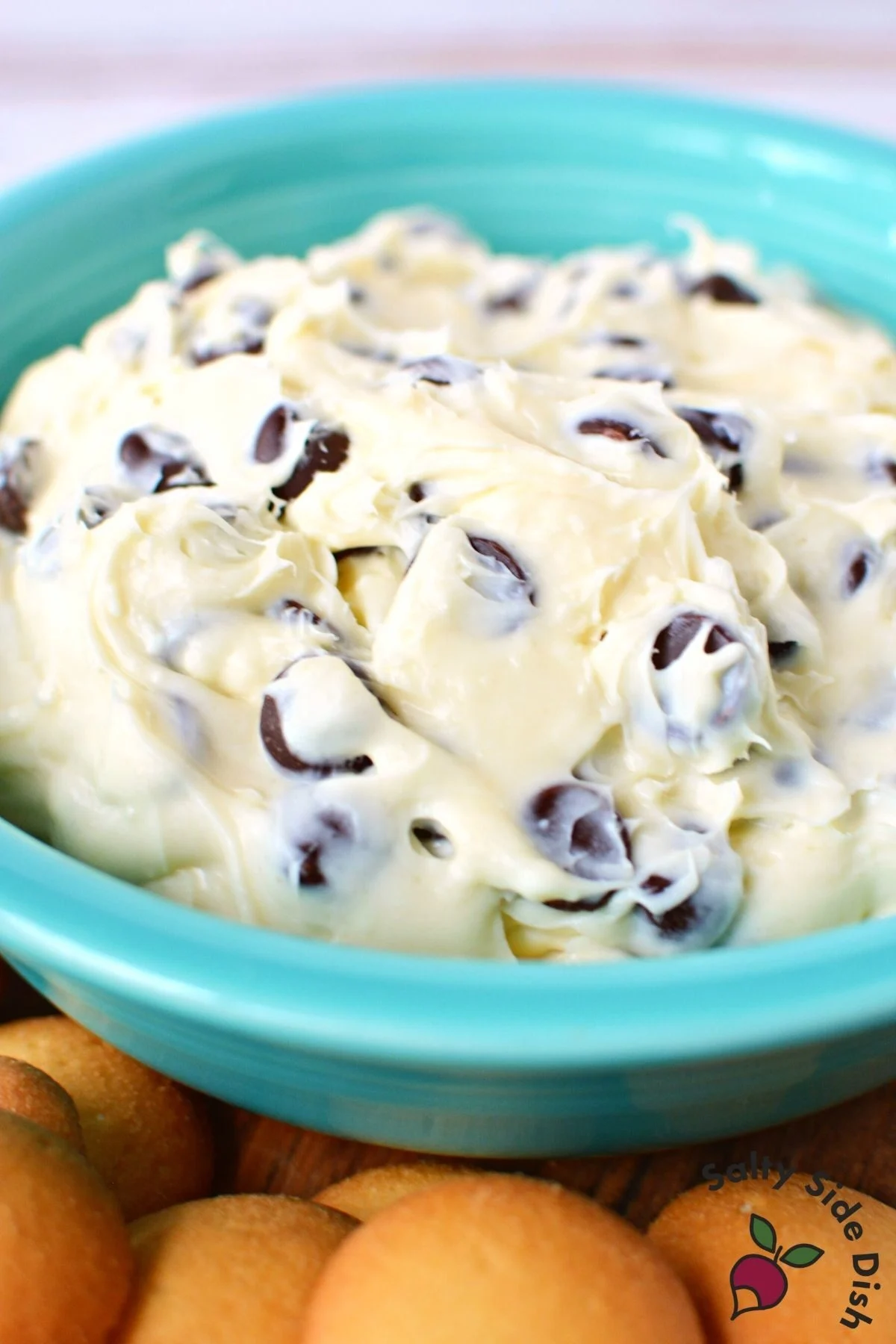 blue bowl of chocolate chip dip.