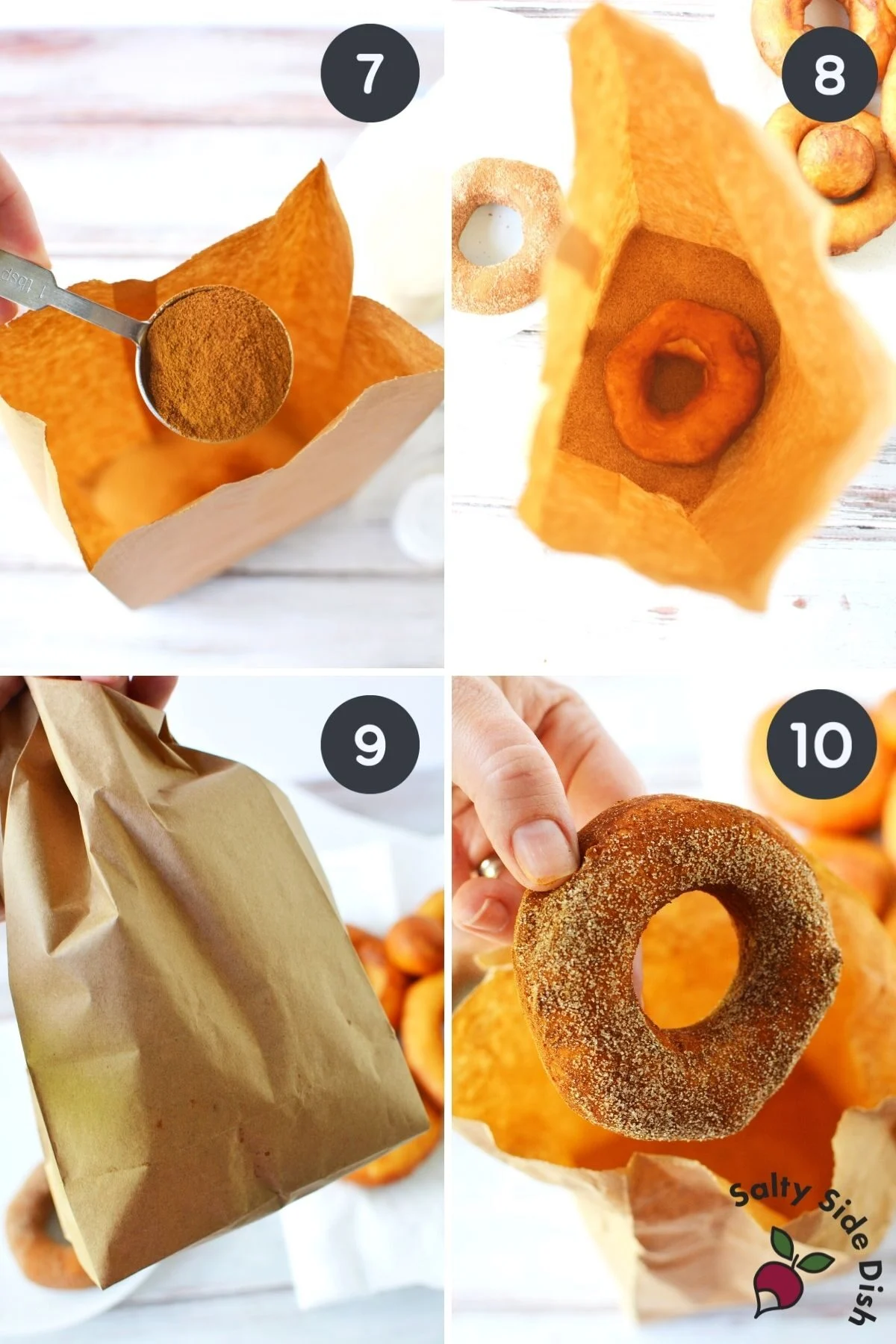 4 image collage of adding cinnamon to bag and shaking freshly made donuts