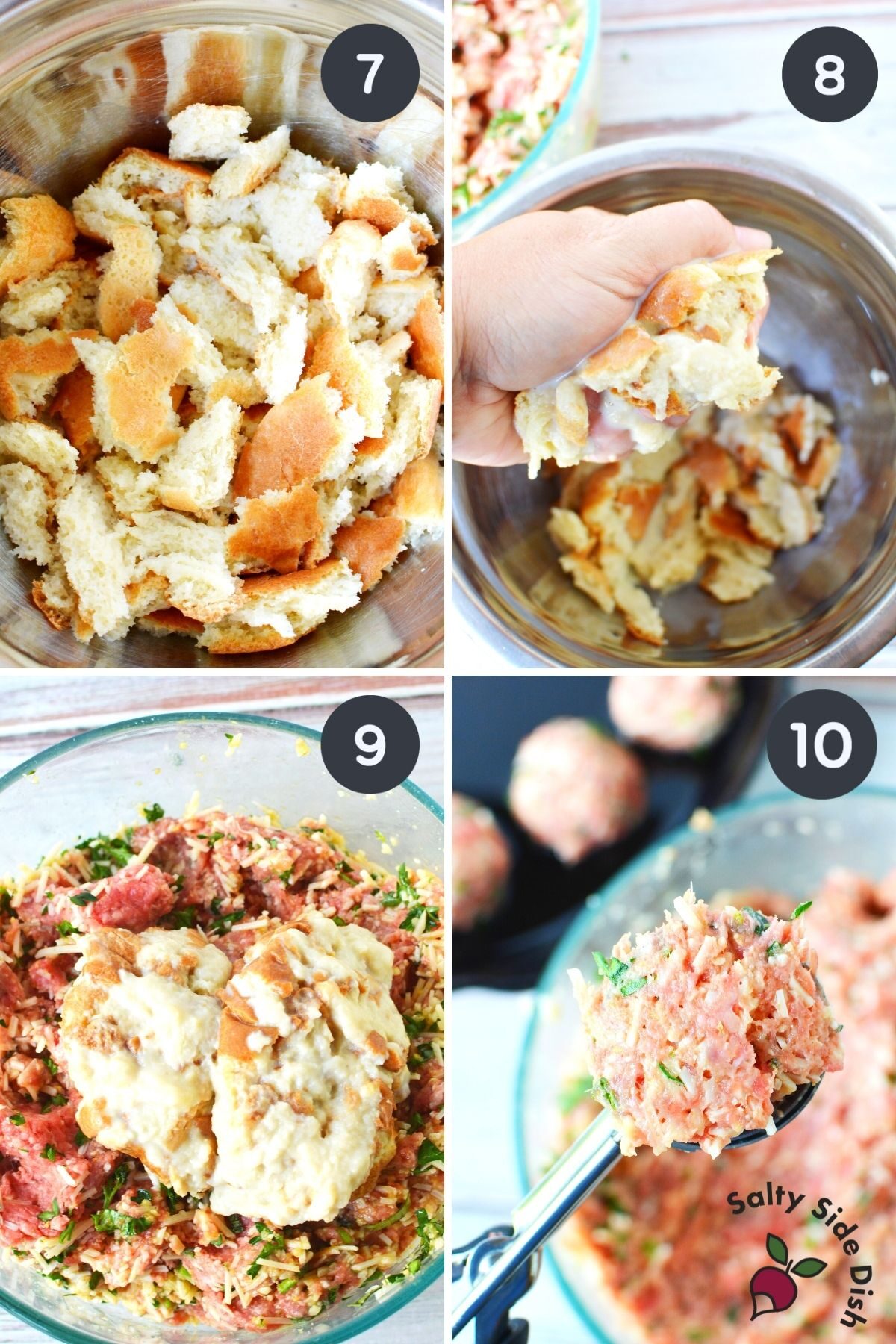 collage of 4 images showing adding bread crumb mixture in beef and scooping.