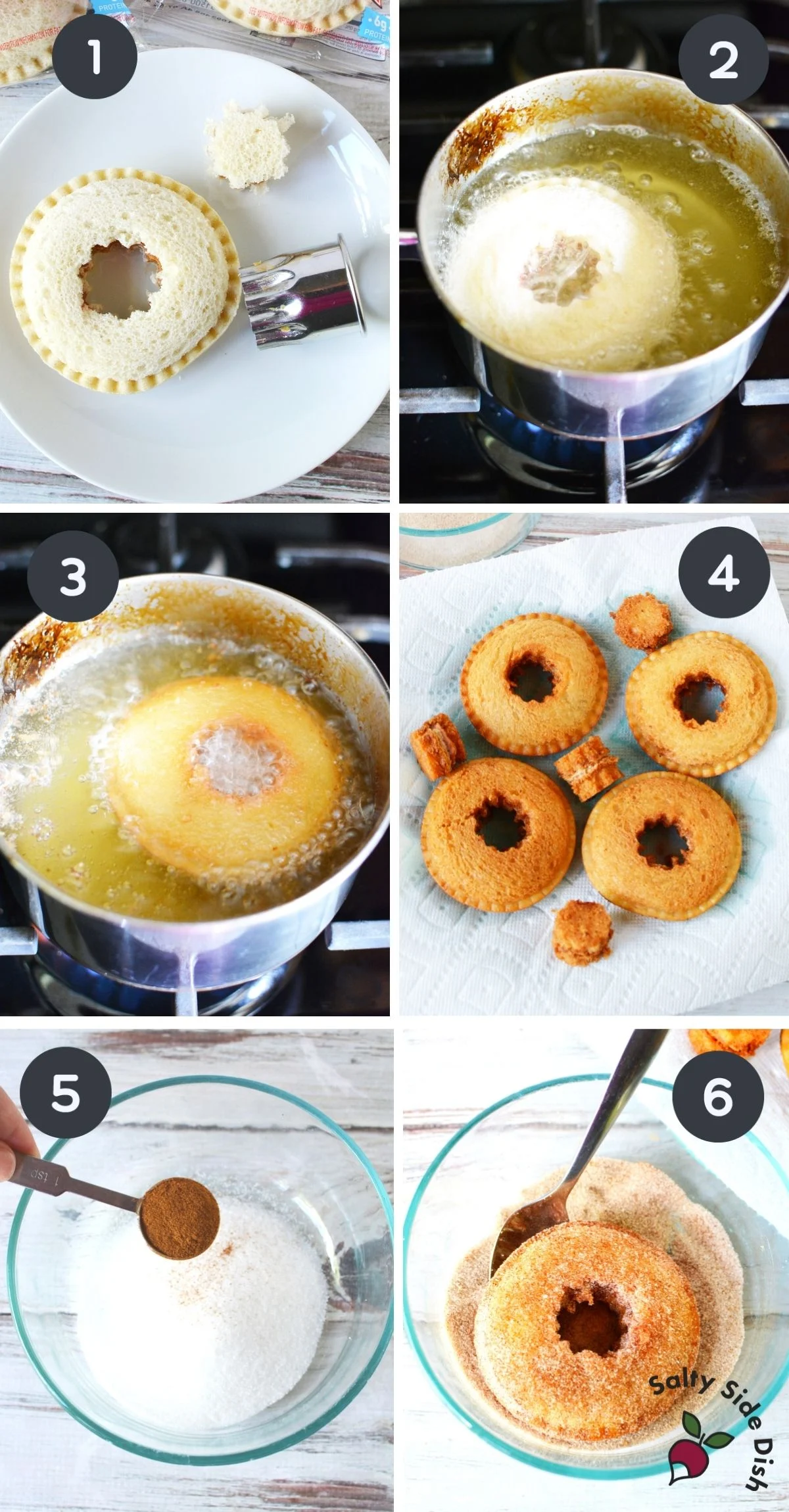 collage with 6 images that show how to step by step fry an Uncrustable sandwich