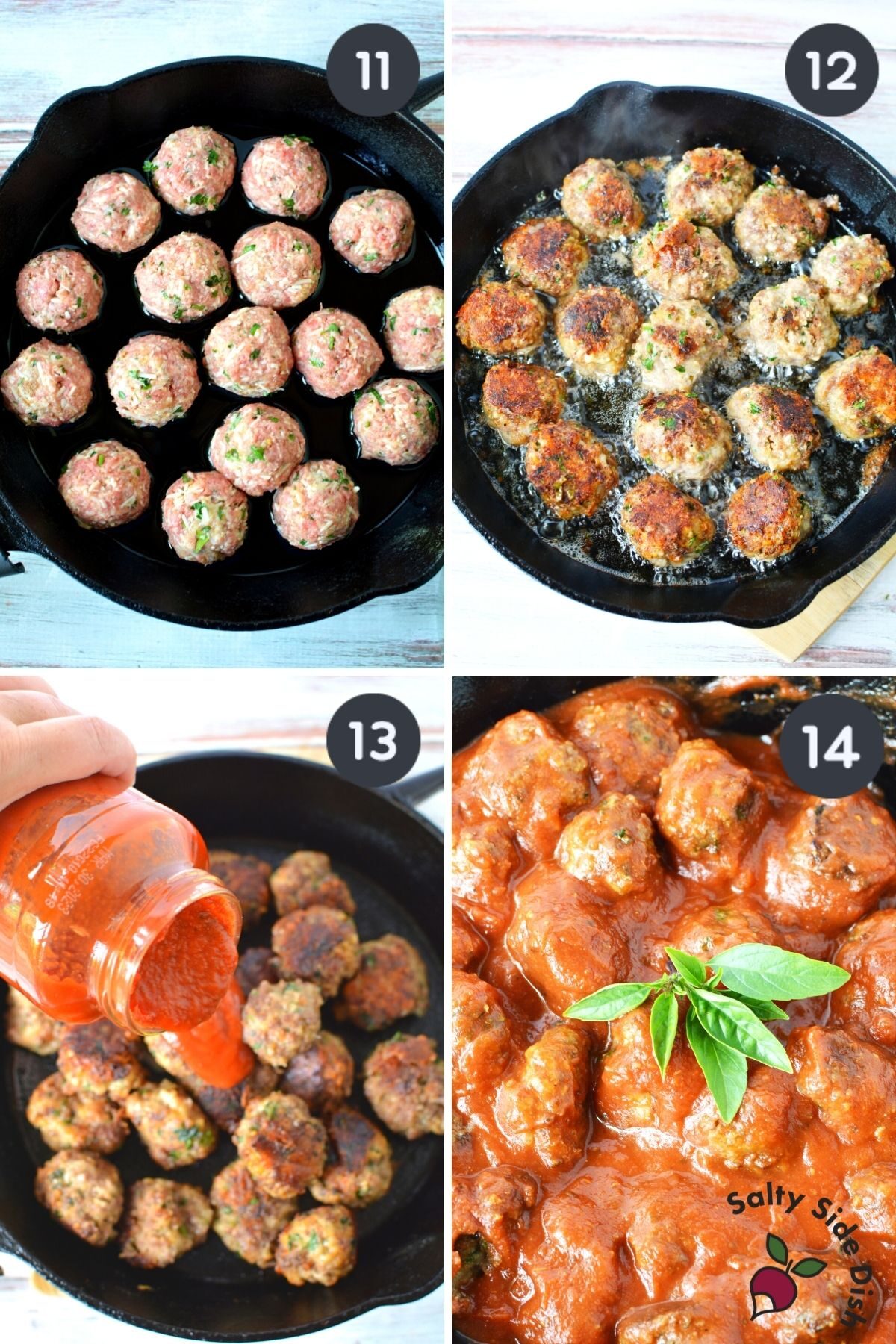 4 images showing raw to cooked meatballs and then simmered in sauce.