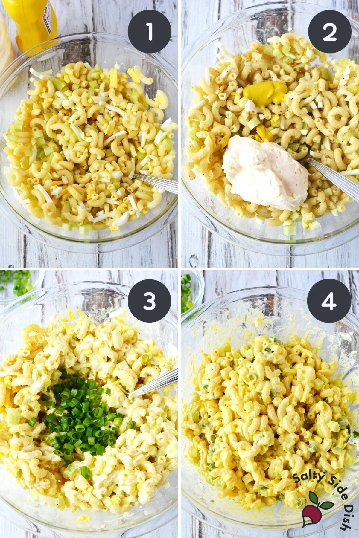 4 image collage of prepping and adding in all macaroni salad ingredients.