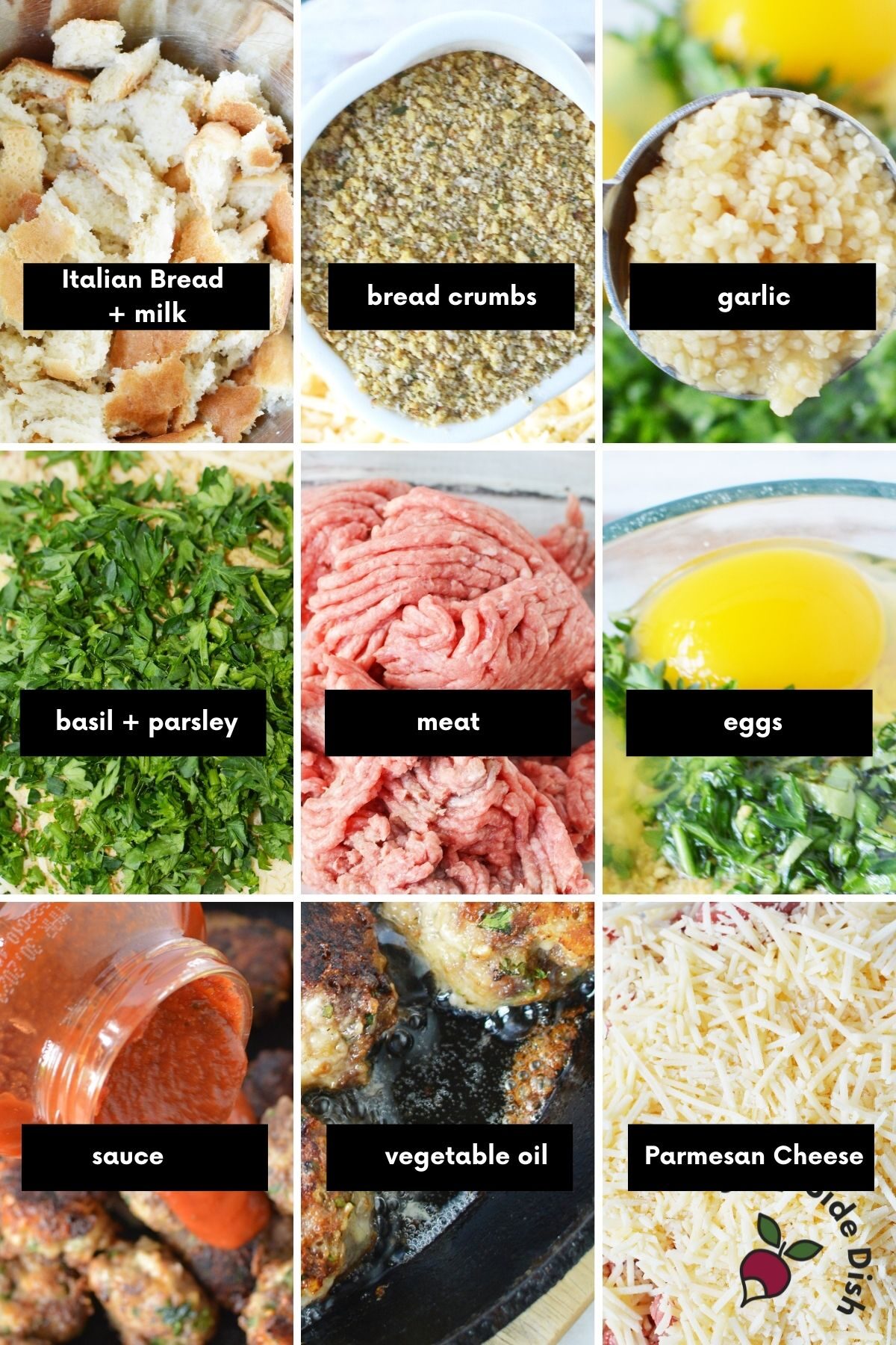 9 image collage of meatball ingredients laid out and labeled.
