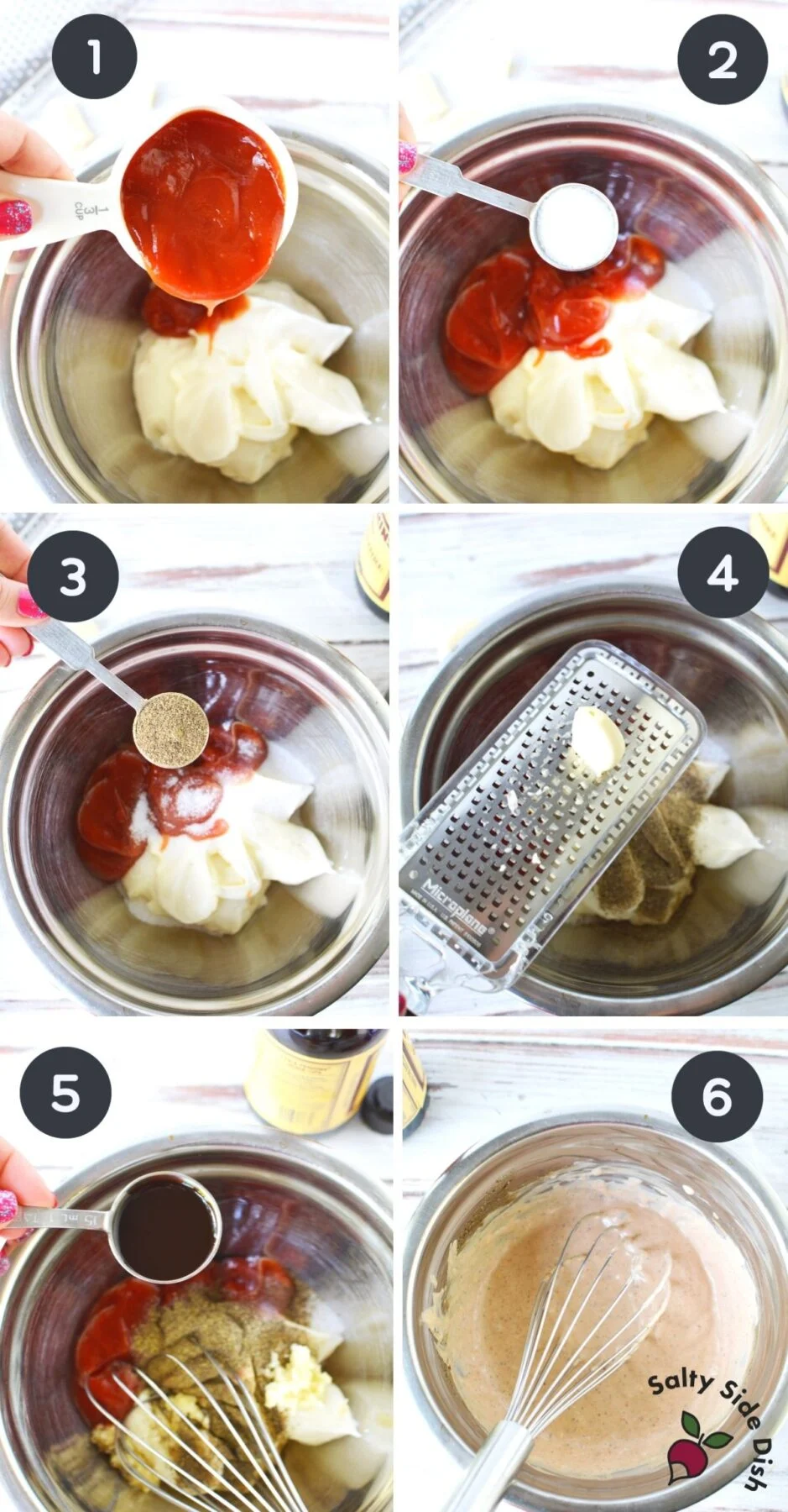 collage of recipe ingredients being added to a bowl and mixed with a whisk.