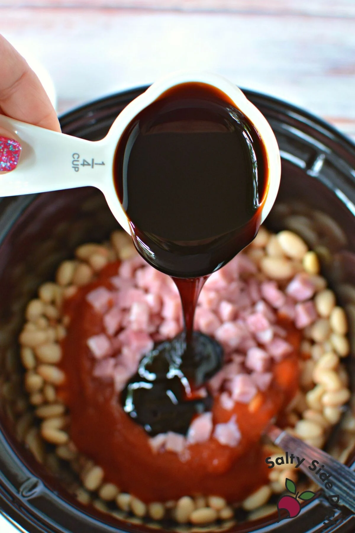 slow cooker baked beans in crockpot.