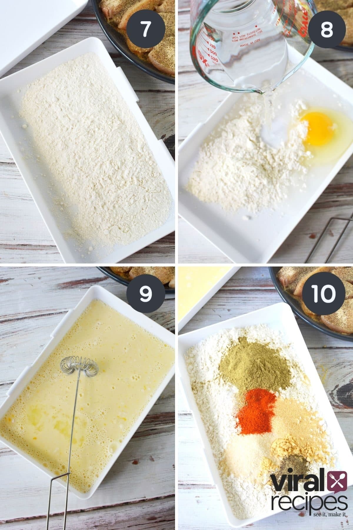 4 image collage of how to batter chicken with each dish laid out.