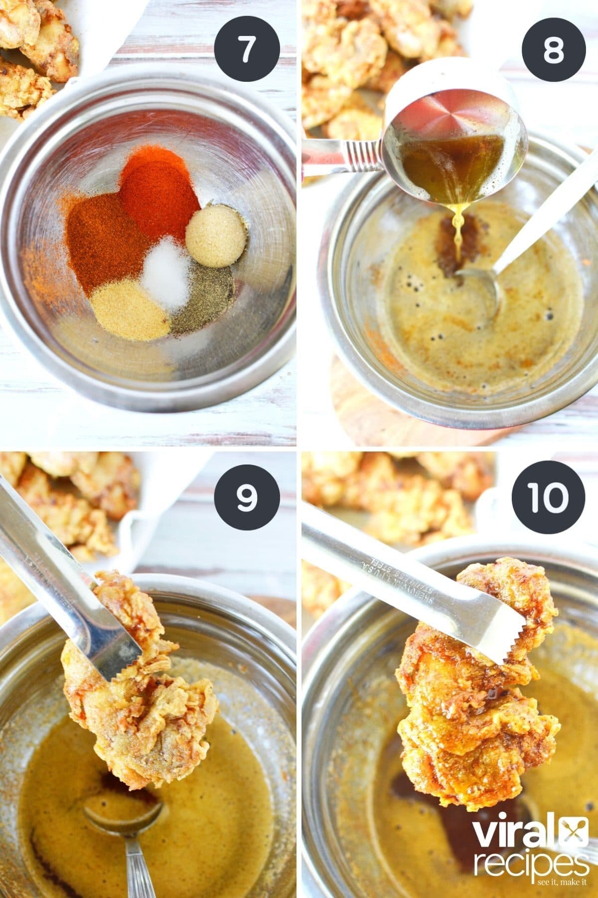 4 collage images of KFC copycat chicken being dipped into Nashville hot sauce.