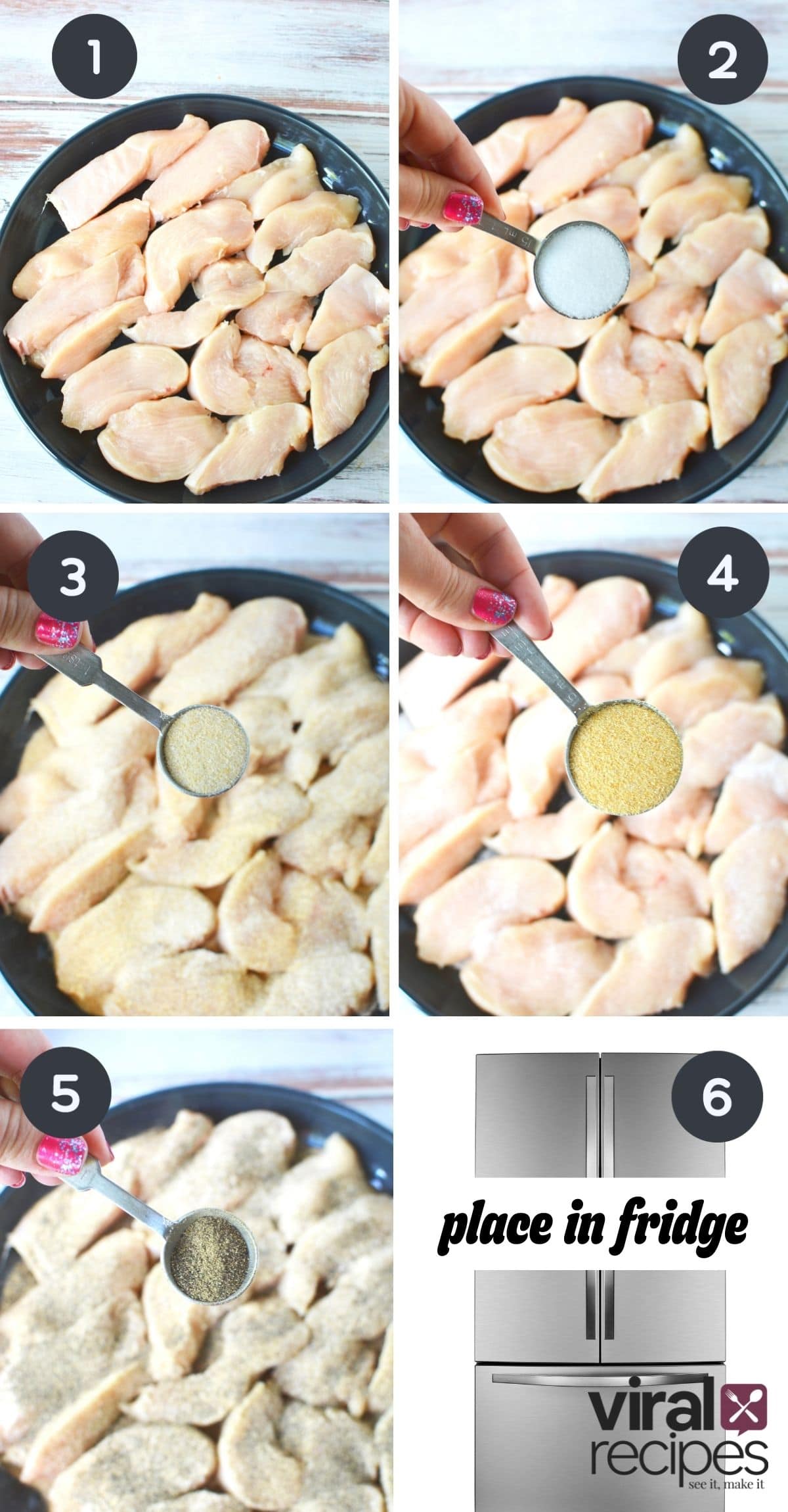 6 image collage with plate of chicken being seasoned with each separate seasoning.