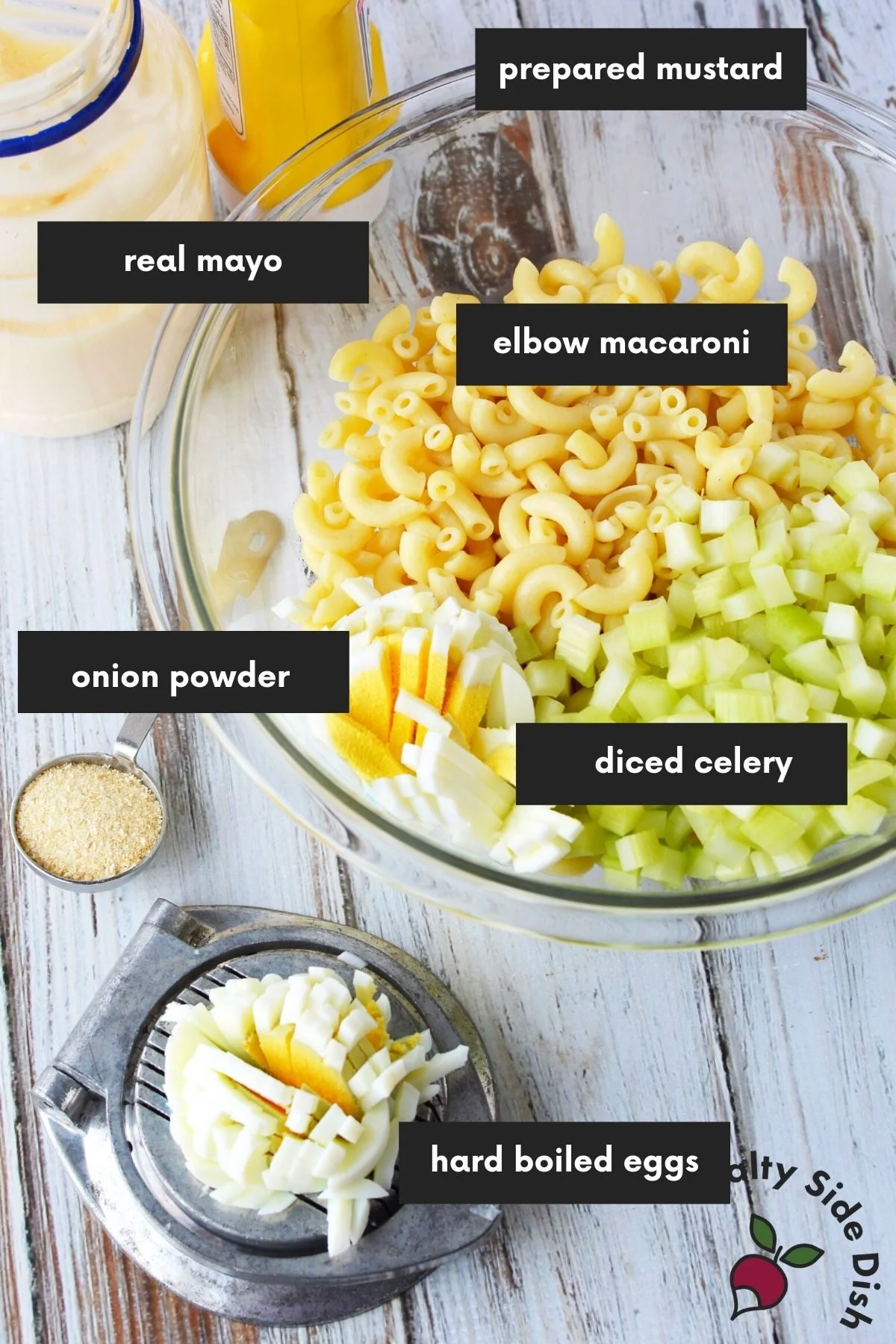 laid out ingredients labeled for macaroni salad.