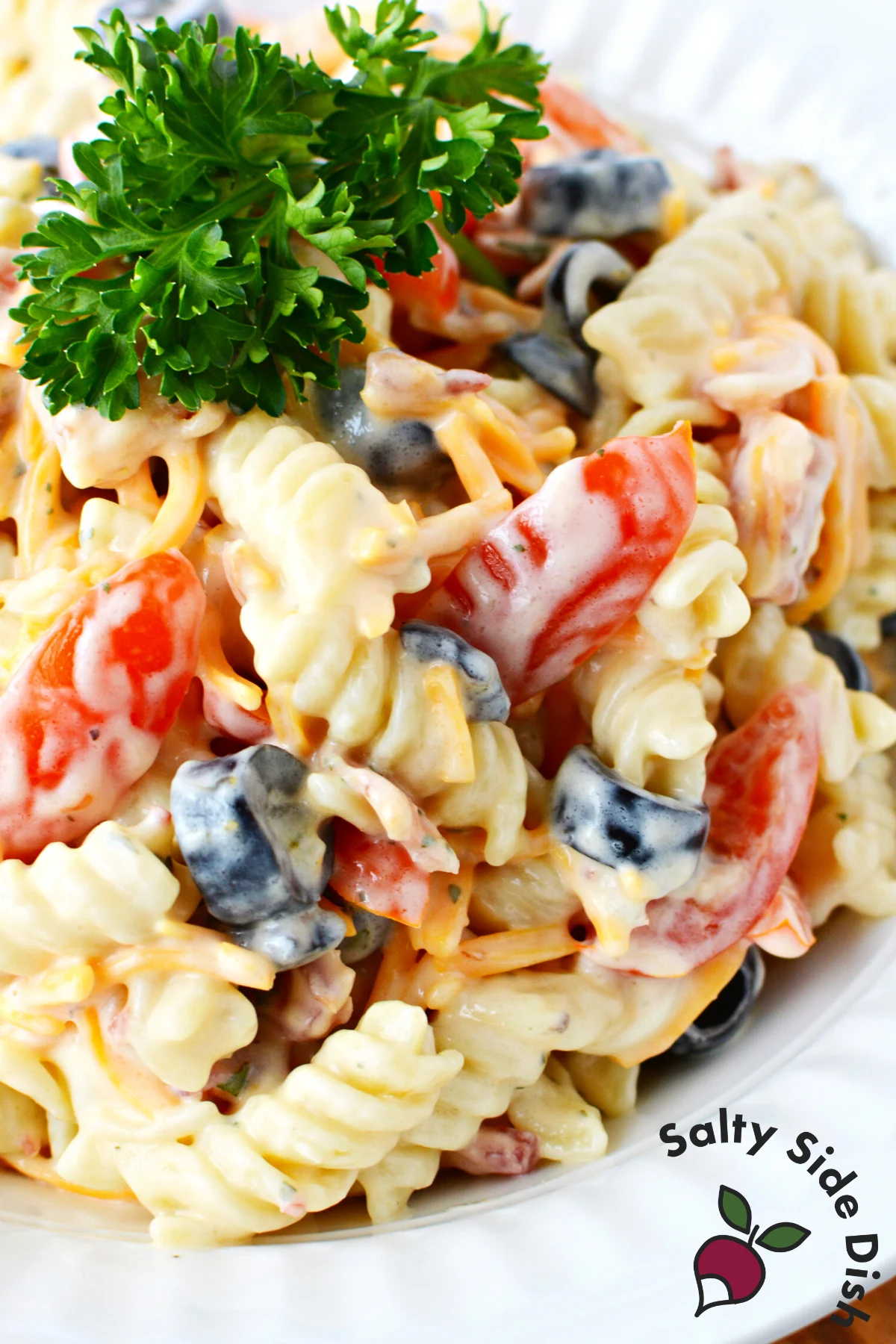 bowl of fresh pasta salad with a piece of parsley on top.