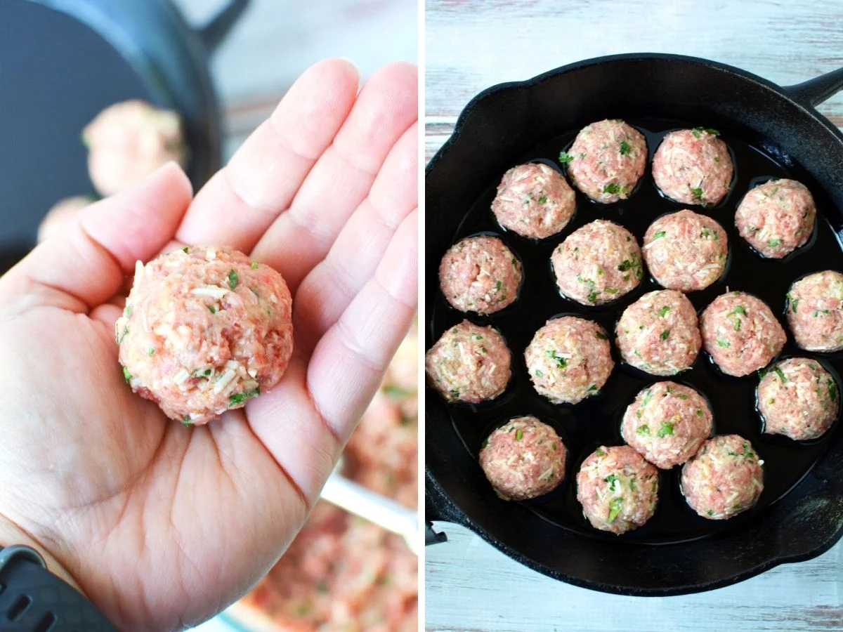 2 image collage of portioning out meatballs.