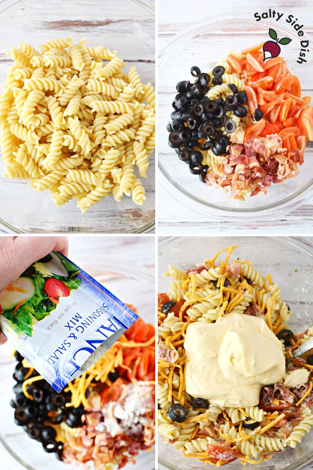 easy ranch pasta salad showing assembling in 4 different images