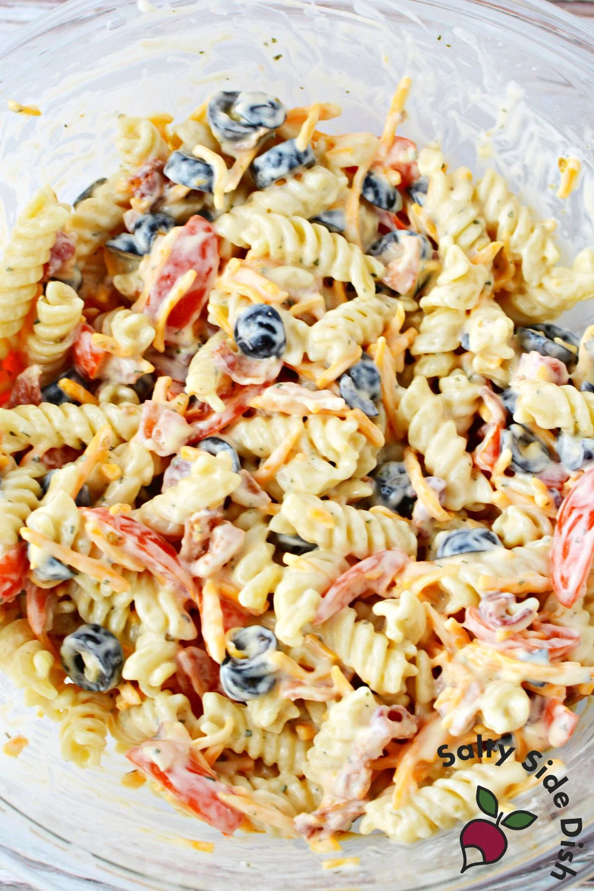 large bowl of mixed ranch pasta salad