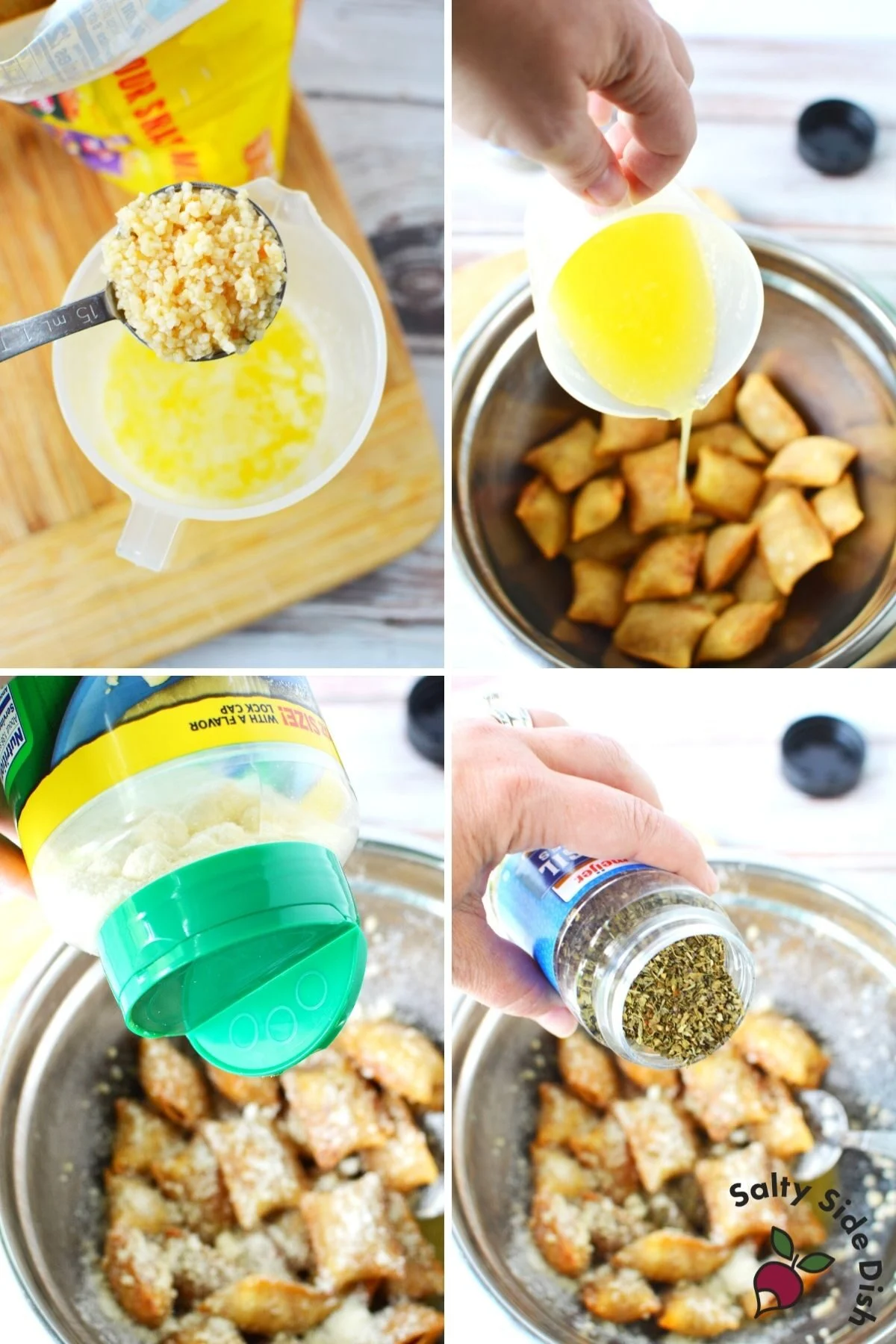 pouring spices into fried pizza rolls