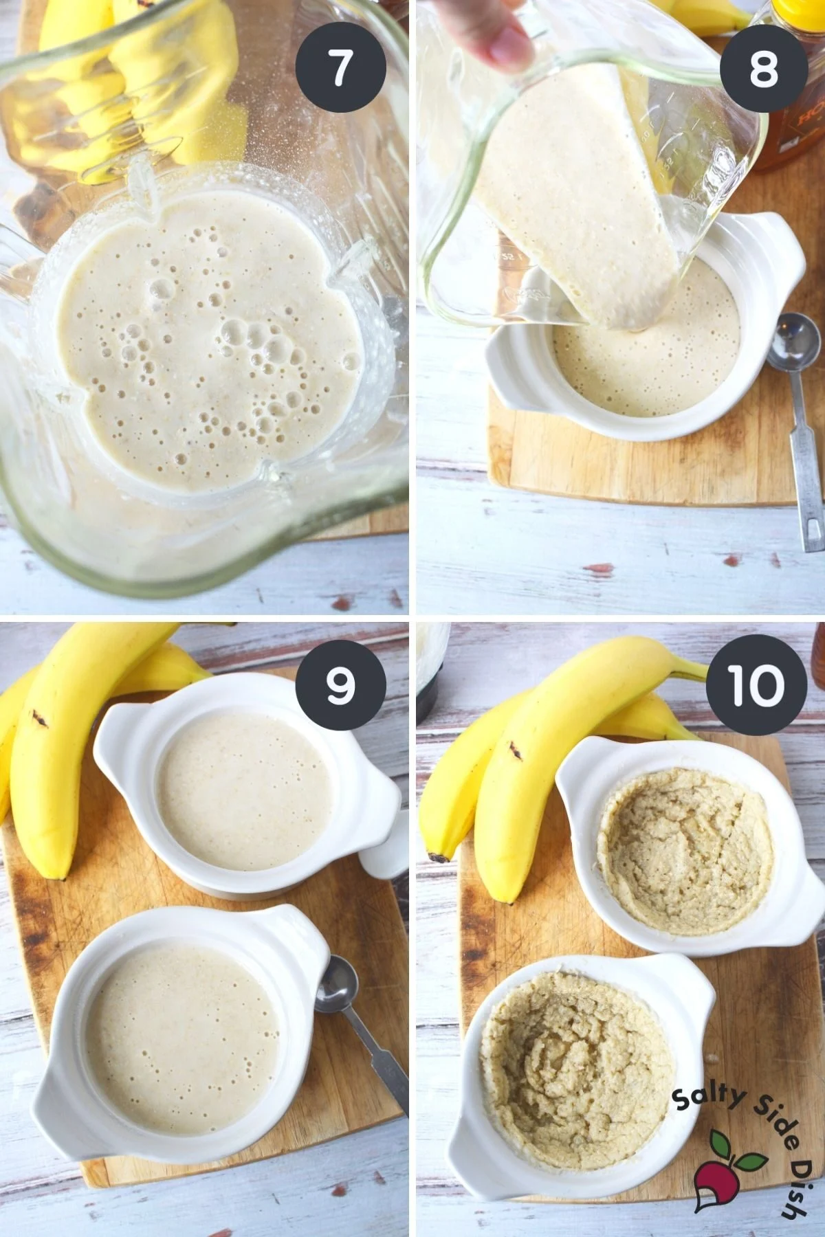 4 image collage step by step of how to take blended oatmeal into ramekins for baking.