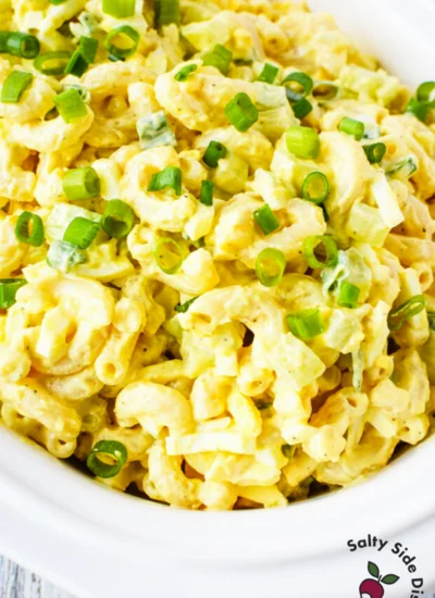 old fashioned macaroni salad recipe ready to serve up to a crowd party platter for holiday season