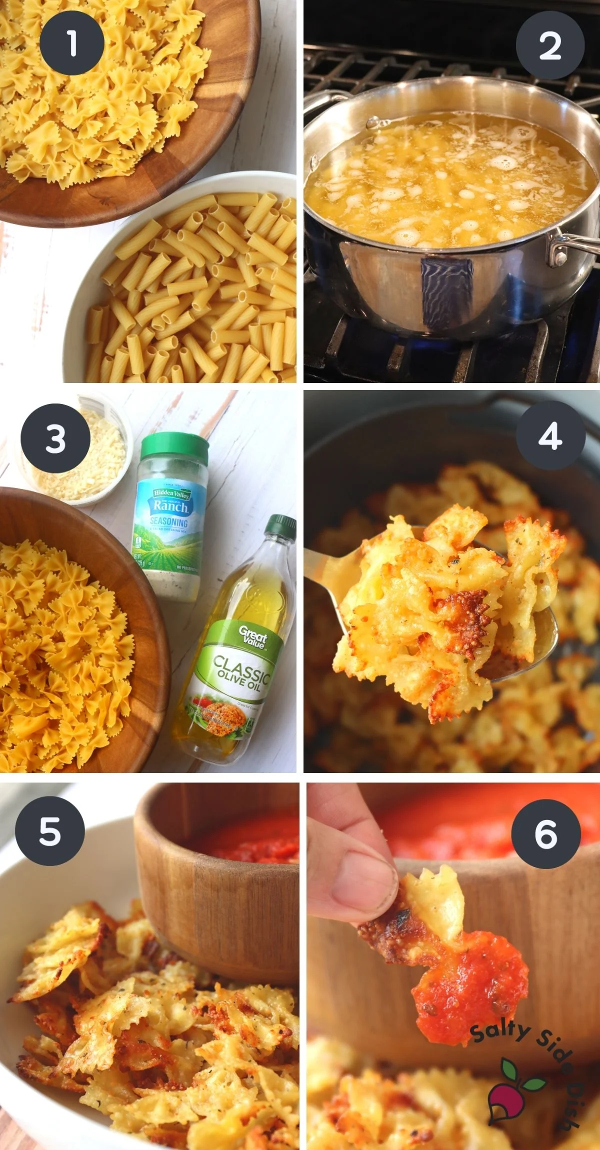 how to air fry pasta chips, step by step collage of 6 images.