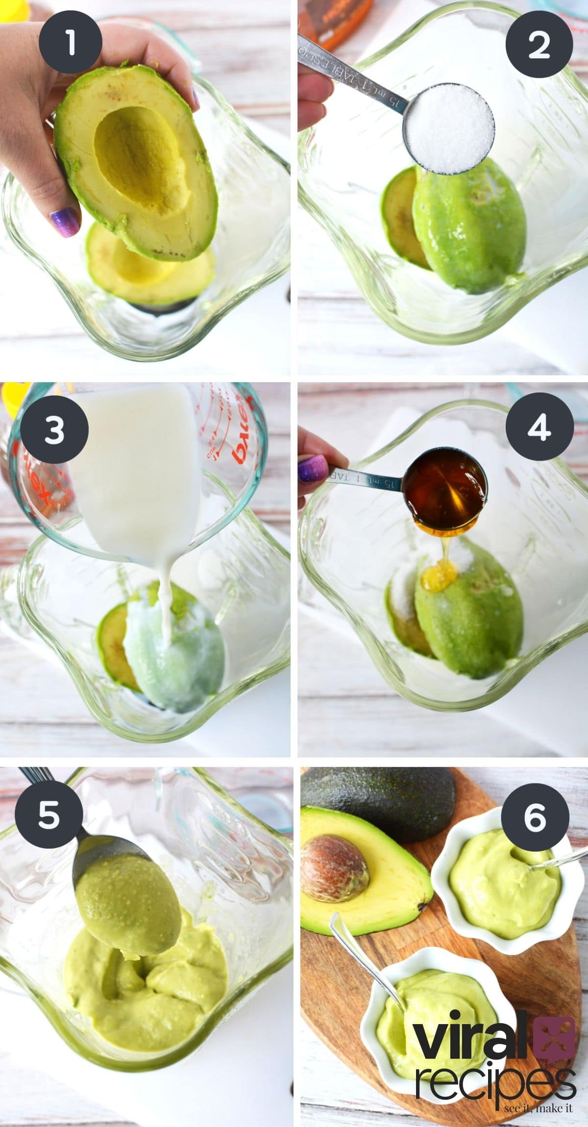 6 image collage of avocado pudding step by step.