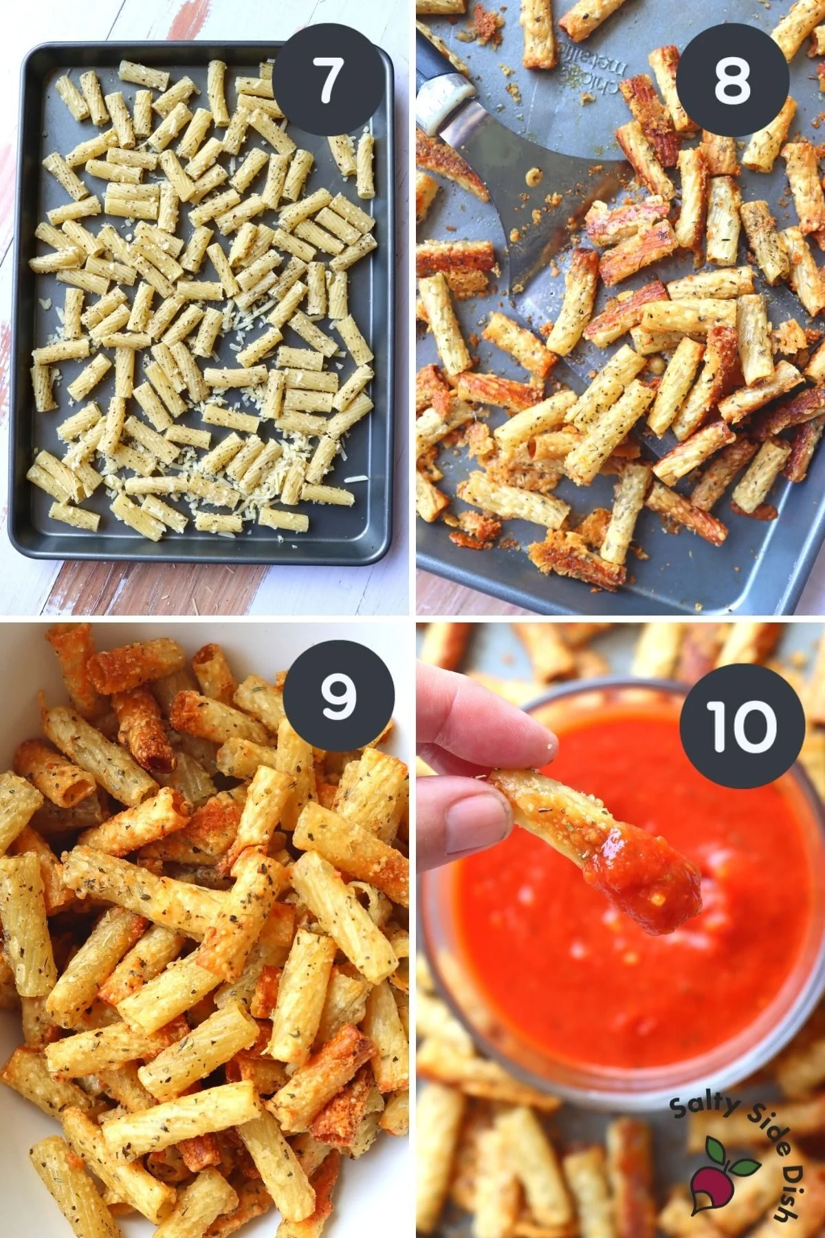 4 image college of baked pasta chips and dipping completed chips into sauce.