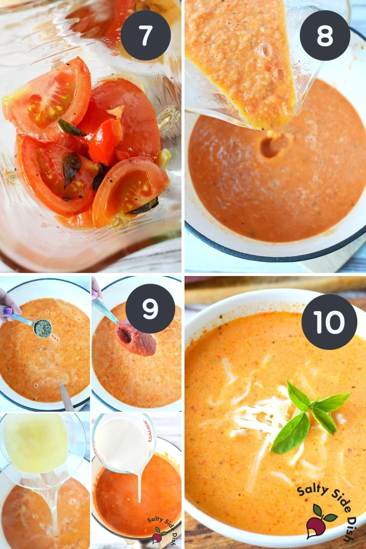4 image collage of how to properly blend tomato bisque.