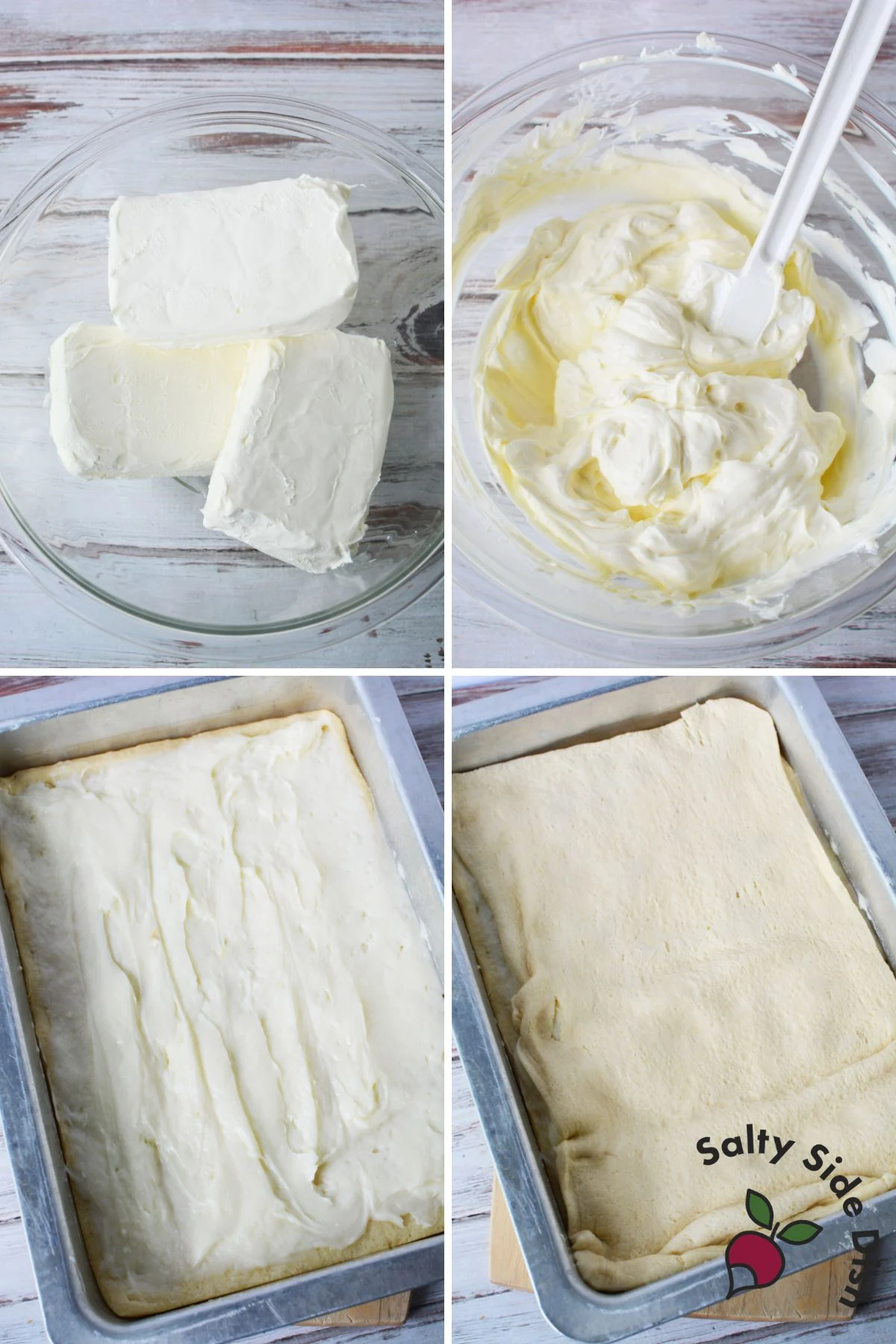 Step by step collage of softening cream cheese, spreading the filling, and topping sopapilla cheesecake bars with crescent roll dough