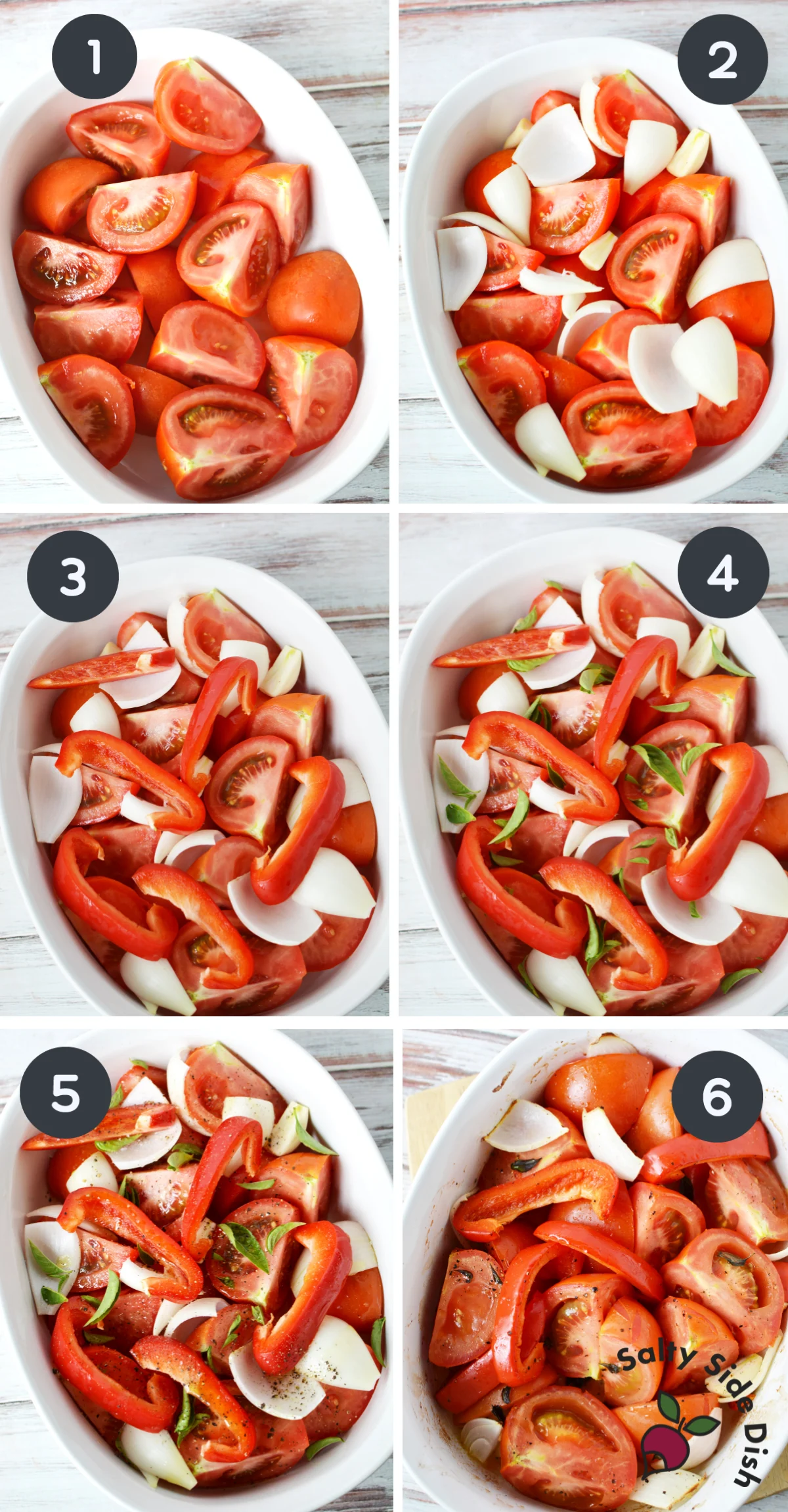 6 image collage of tomatoes and all ingredients going into a white casserole dish.