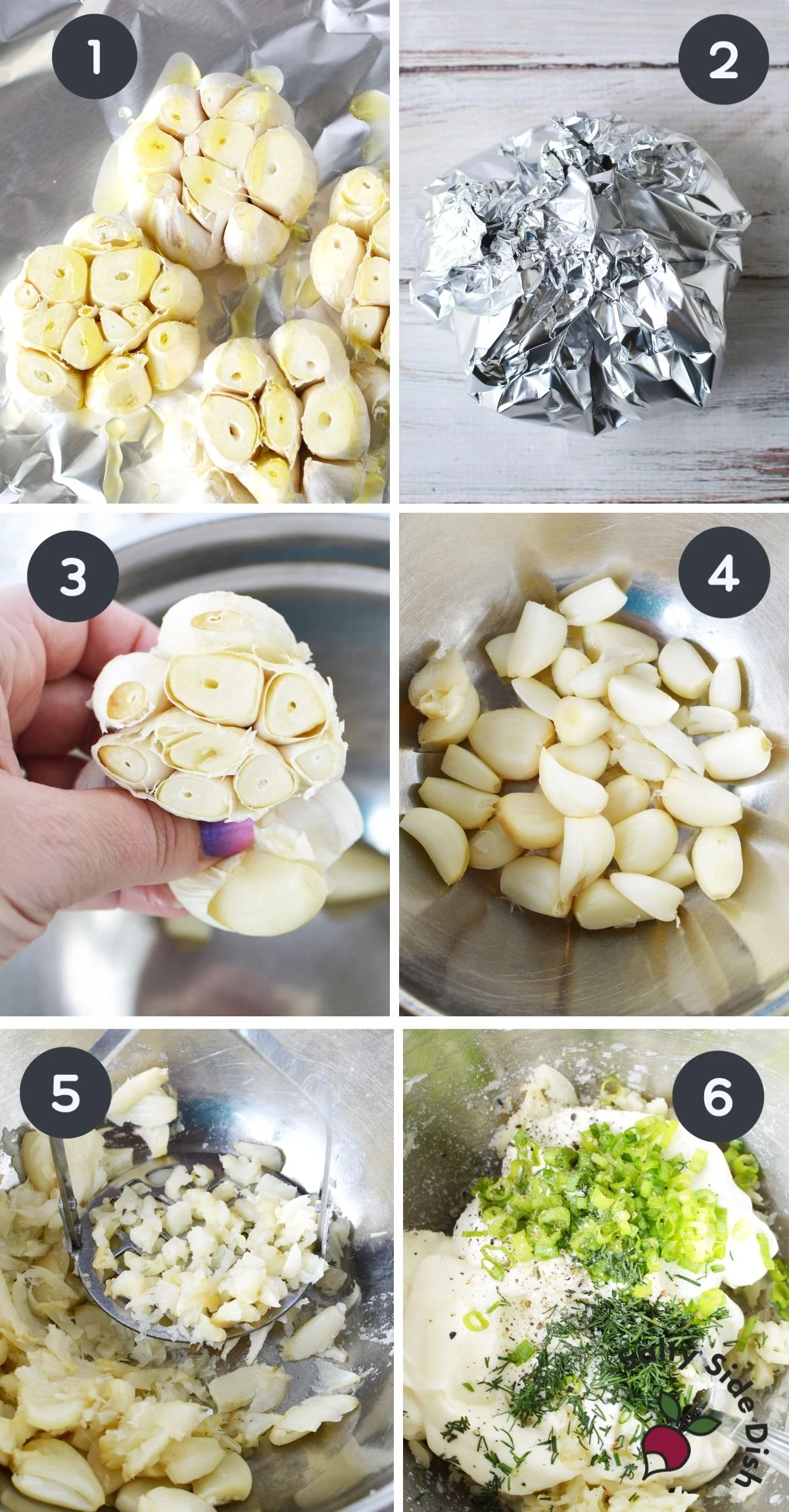 collage of garlic dip images in a row showing how to roast garlic.