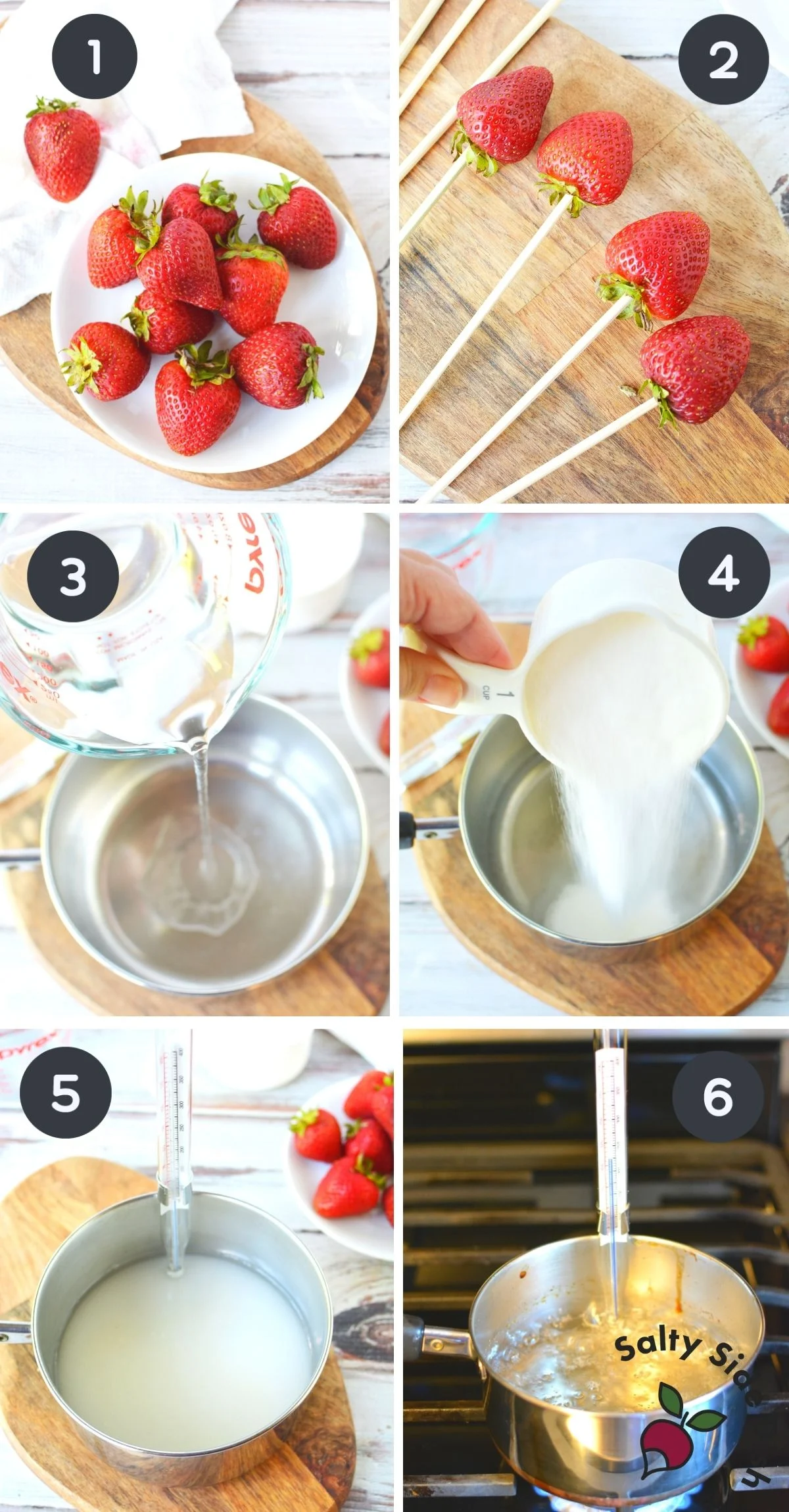 step by step collage of 6 images showing how to dry strawberries and heat sugar mixture.
