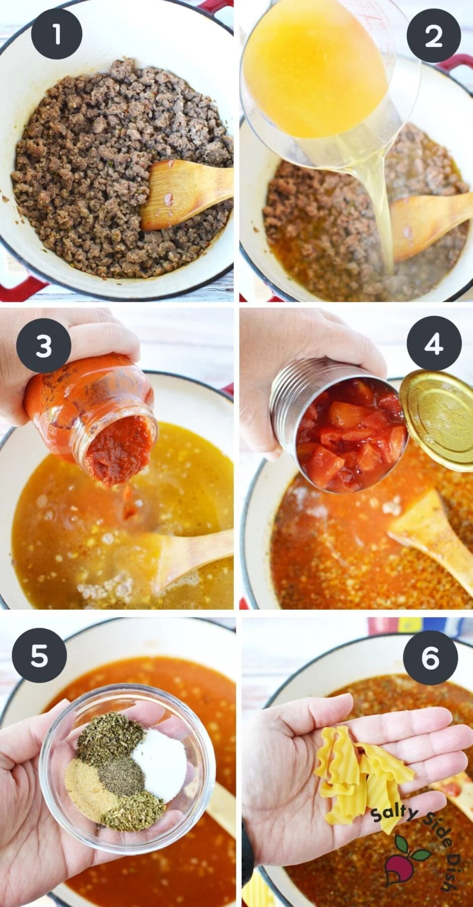 6 images of Lasagna Soup ingredients.