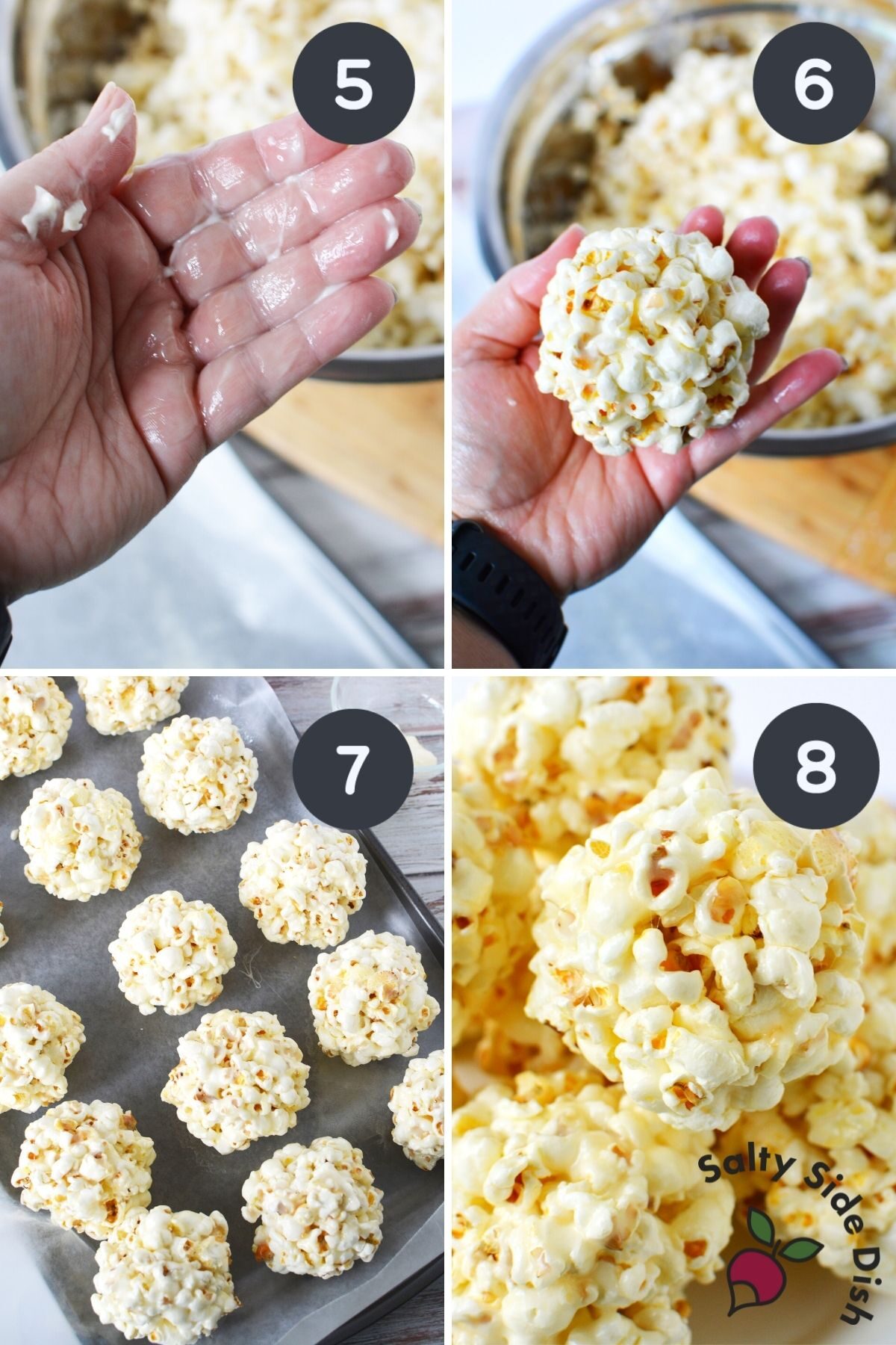 4 images on how to turn popcorn into popcorn balls step by step.