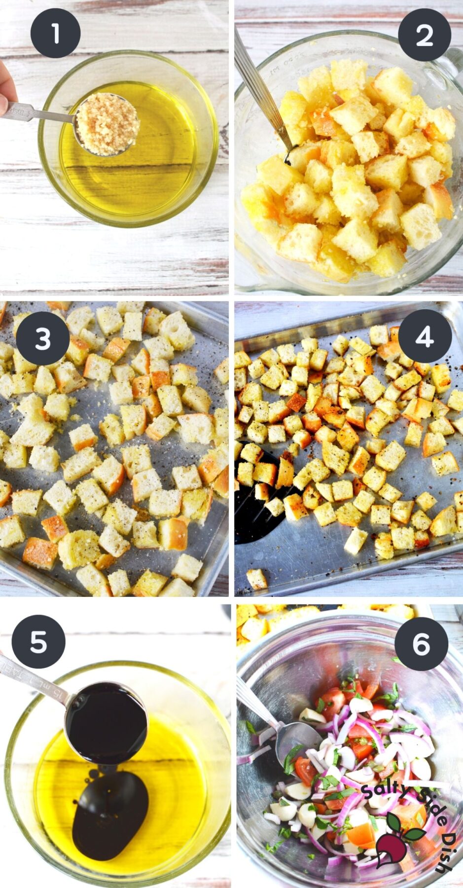 6 image collage of step by step making panzanella salad croutons.