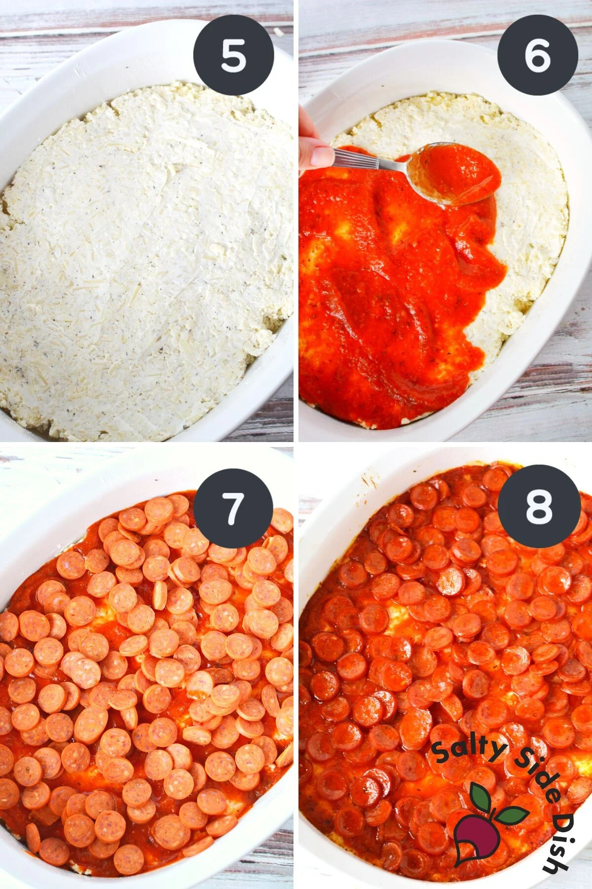 Layering cheese mixture, pizza sauce, mini pepperonis into the baking dish.