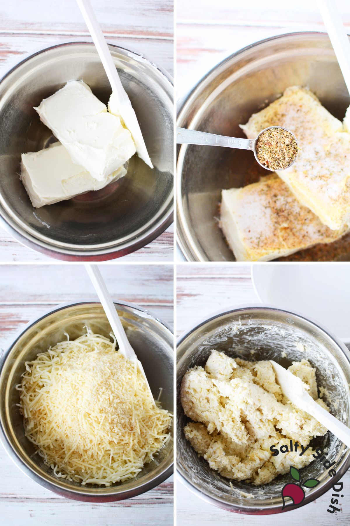 mixing bowl with Philadelphia cream cheese and all combined cheeses in it.