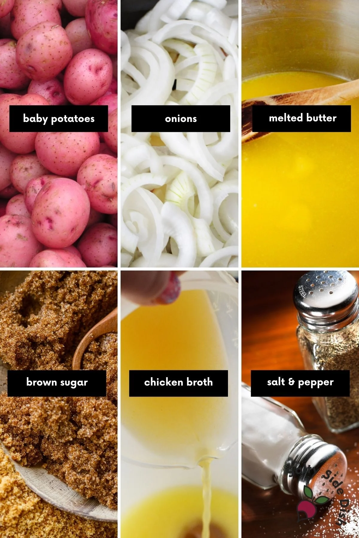 collage of ingredients for potatoes and onions labeled.