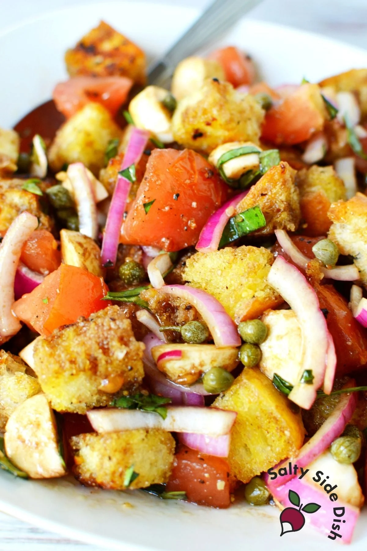 white plate with panzanella crouton salad.