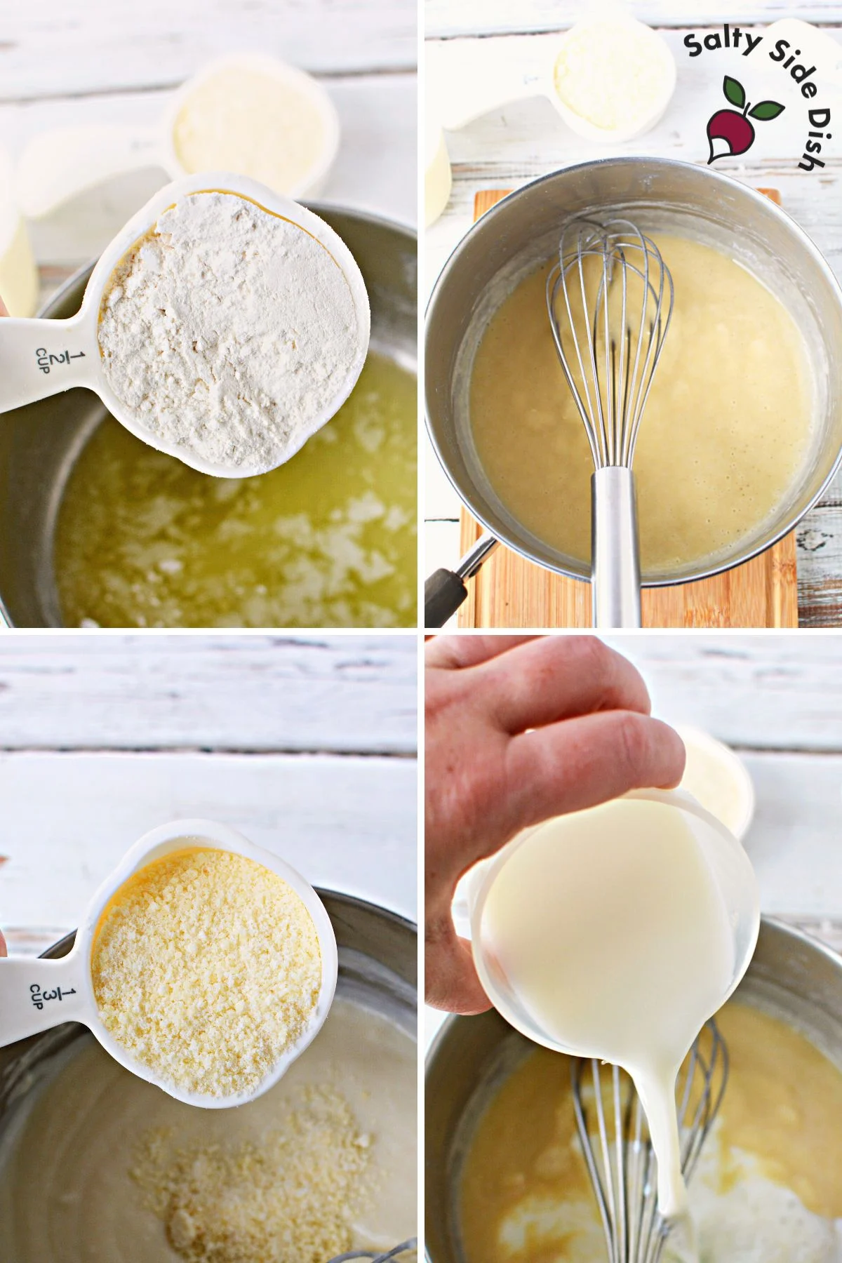 pouring ingredients into a dish for roux.