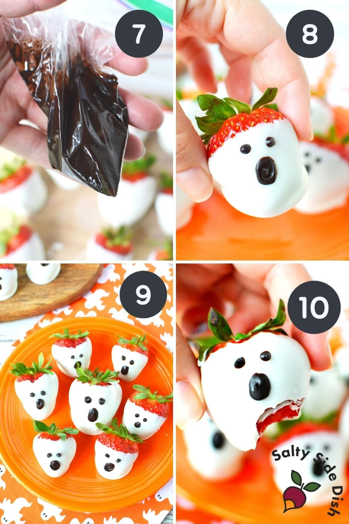 4 image collage on how to turn strawberries into a ghost appetizer.