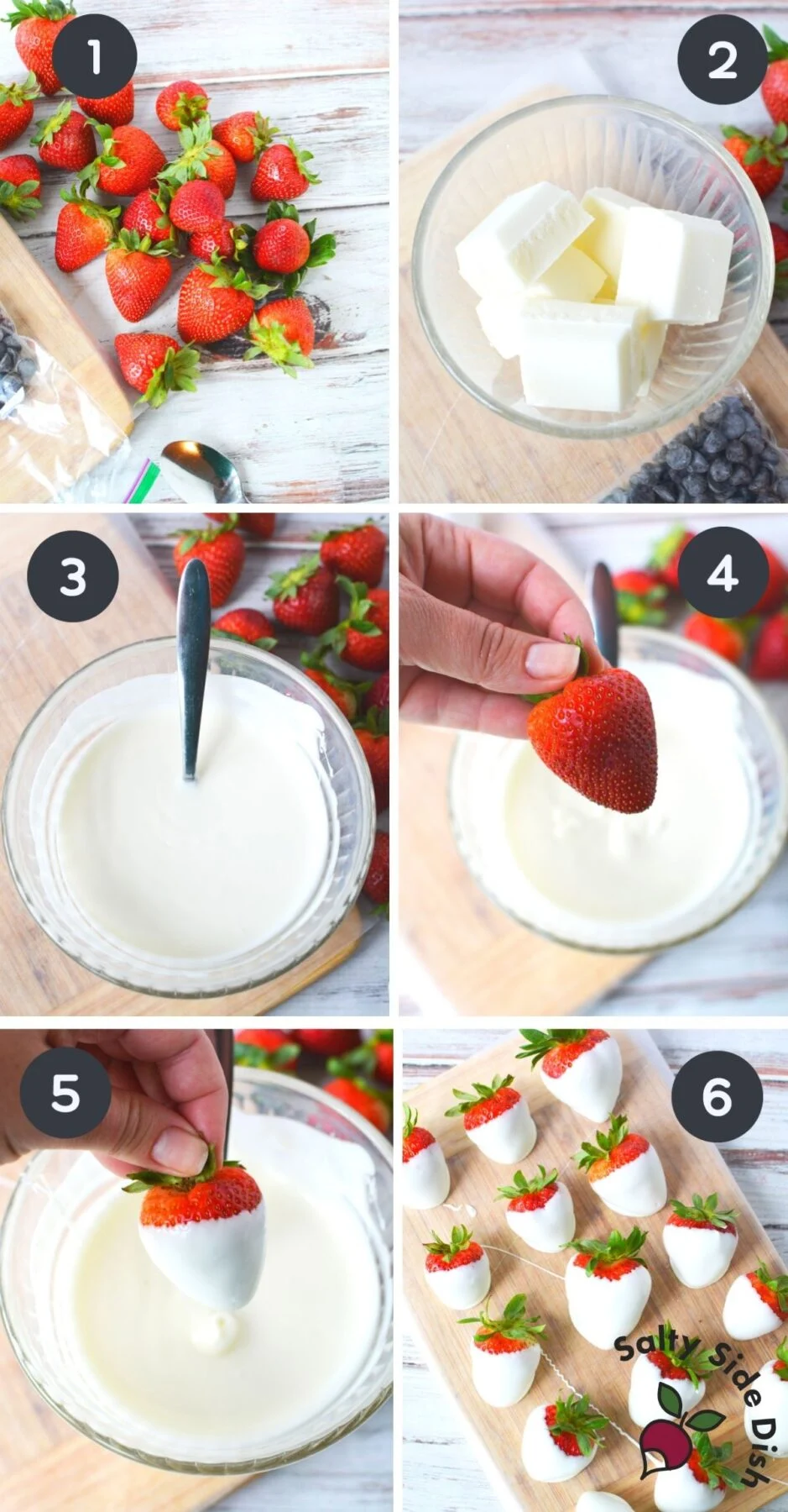 6 image collage on how to melt chocolate and dip strawberries.