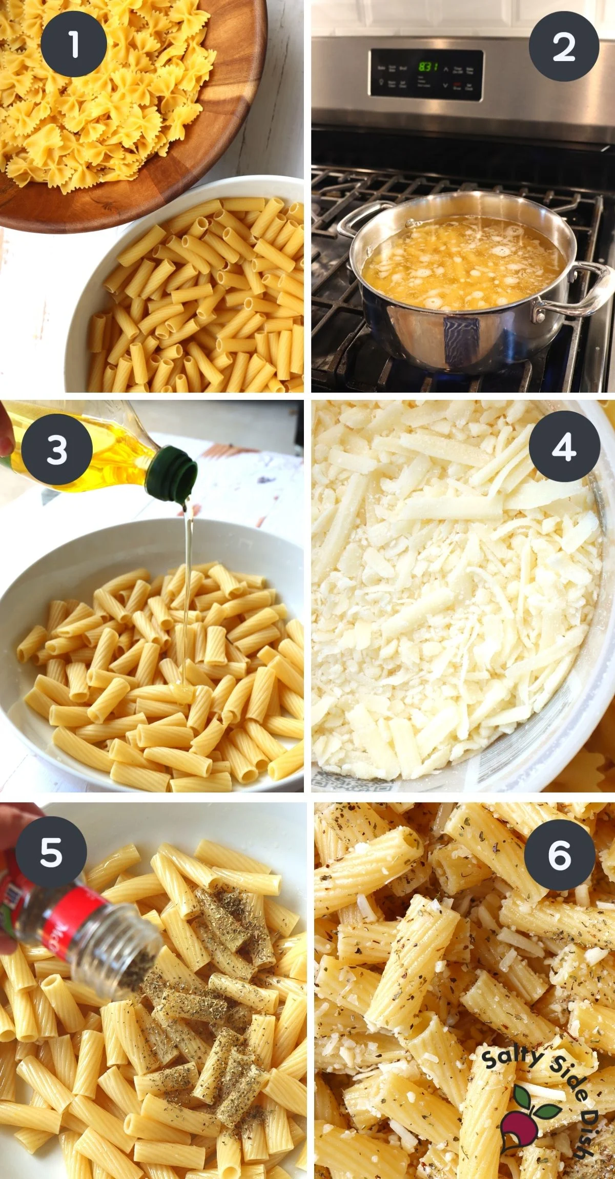 6 image collage of step by step instructions on how to make pasta chips.